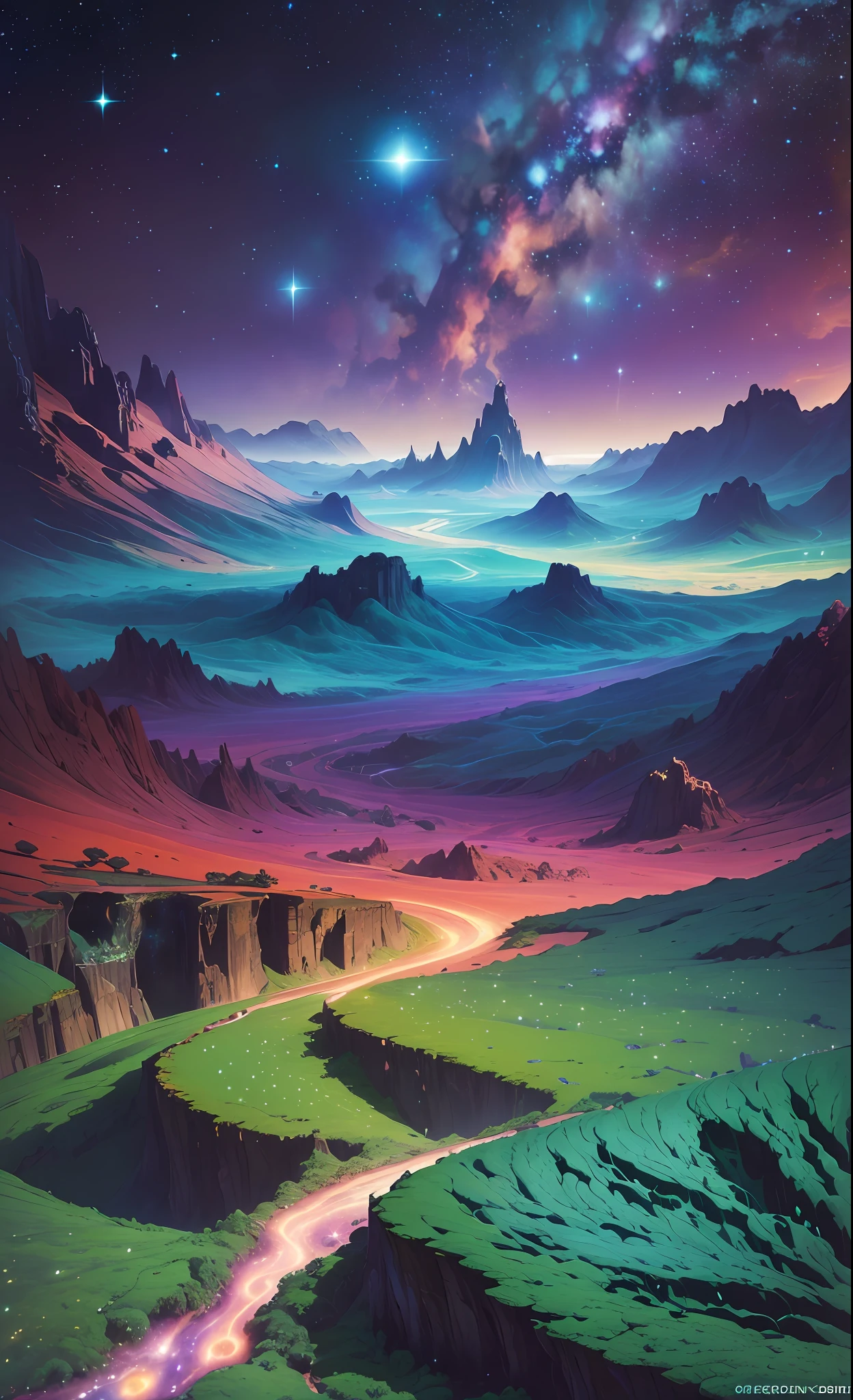 (a cosmic landscape), (vast and expansive view), (starry sky filled with countless stars), (sprawling galaxies in the distance), (lush and vibrant greenery), (intricate and diverse plant life), (peaceful and tranquil atmosphere), (serene and otherworldly colors), (sense of depth and scale), (captivating cosmic formations), (no human presence), (harmonious and balanced composition), (dazzling celestial light), (intriguing cosmic structures) --auto --s2