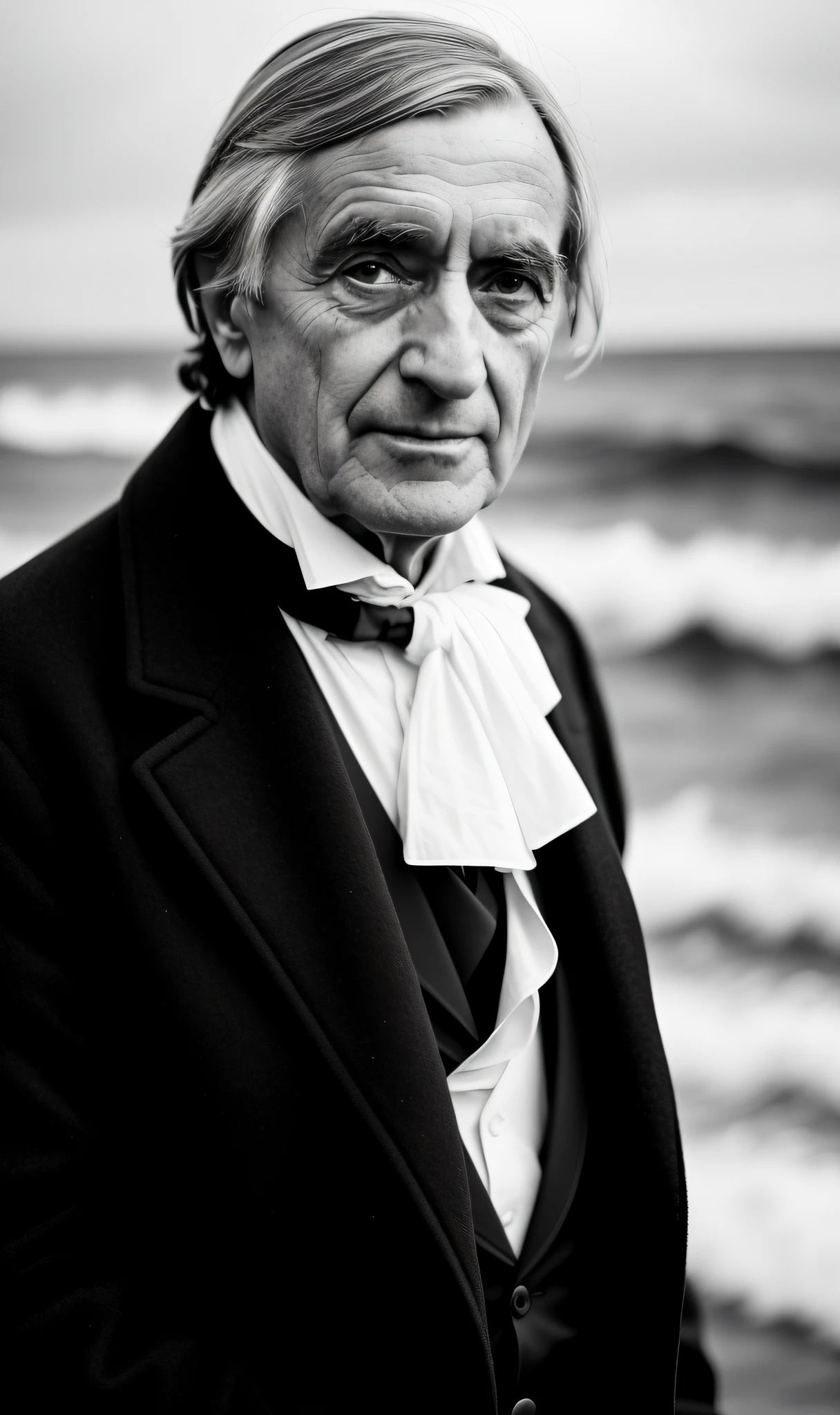 black and white photo of Ralph Waldo Emerson in black clothes, face, half body, body, highly detailed skin, skin pores, coastline, cloudy weather, wind, waves, 8k uhd, Dslr, soft lighting, high quality, film grain, Fujifilm XT3