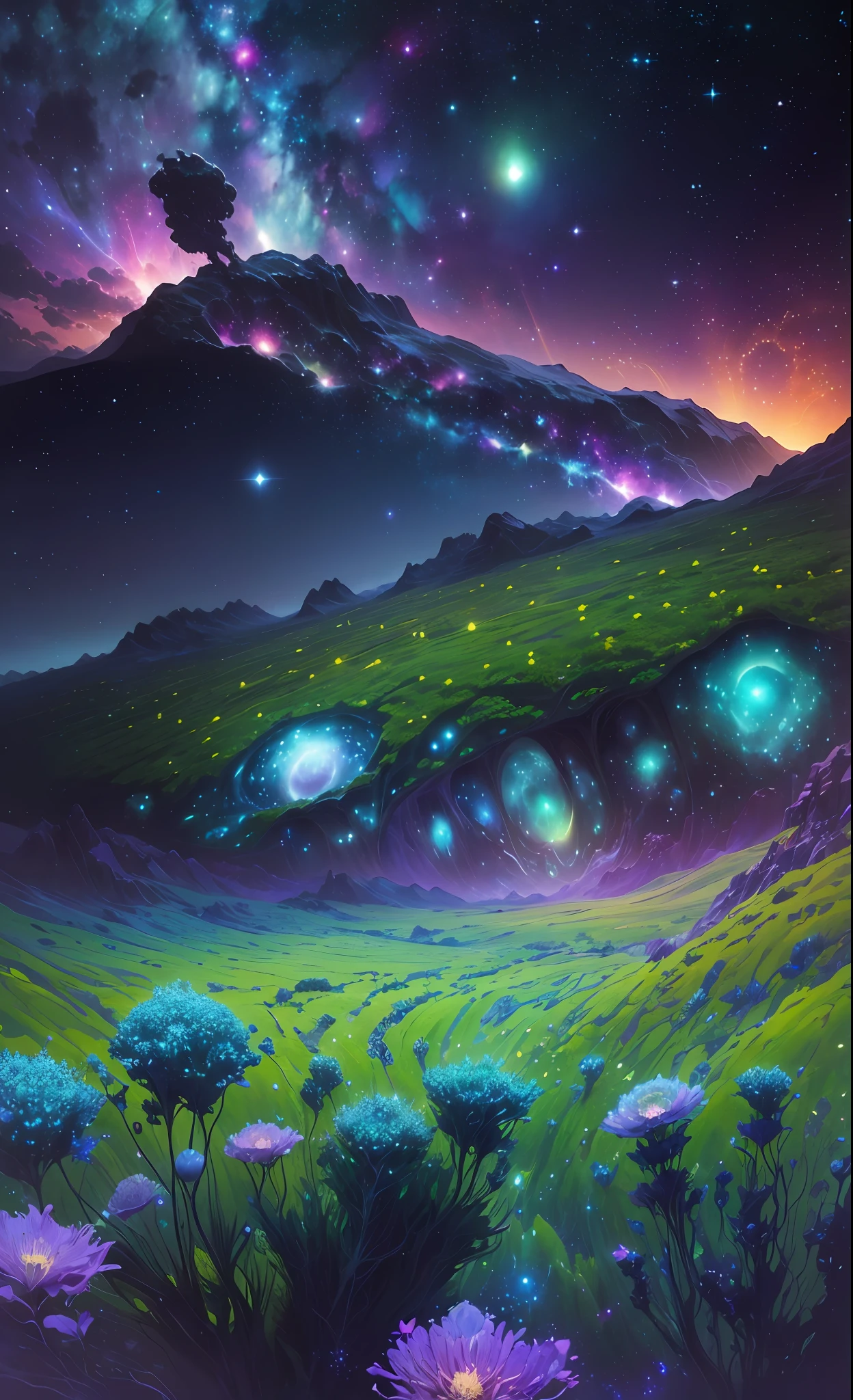 (a cosmic landscape), (vast and expansive view), (starry sky filled with countless stars), (sprawling galaxies in the distance), (lush and vibrant greenery), (intricate and diverse plant life), (peaceful and tranquil atmosphere), (serene and otherworldly colors), (sense of depth and scale), (captivating cosmic formations), (no human presence), (harmonious and balanced composition), (dazzling celestial light), (intriguing cosmic structures) --auto --s2