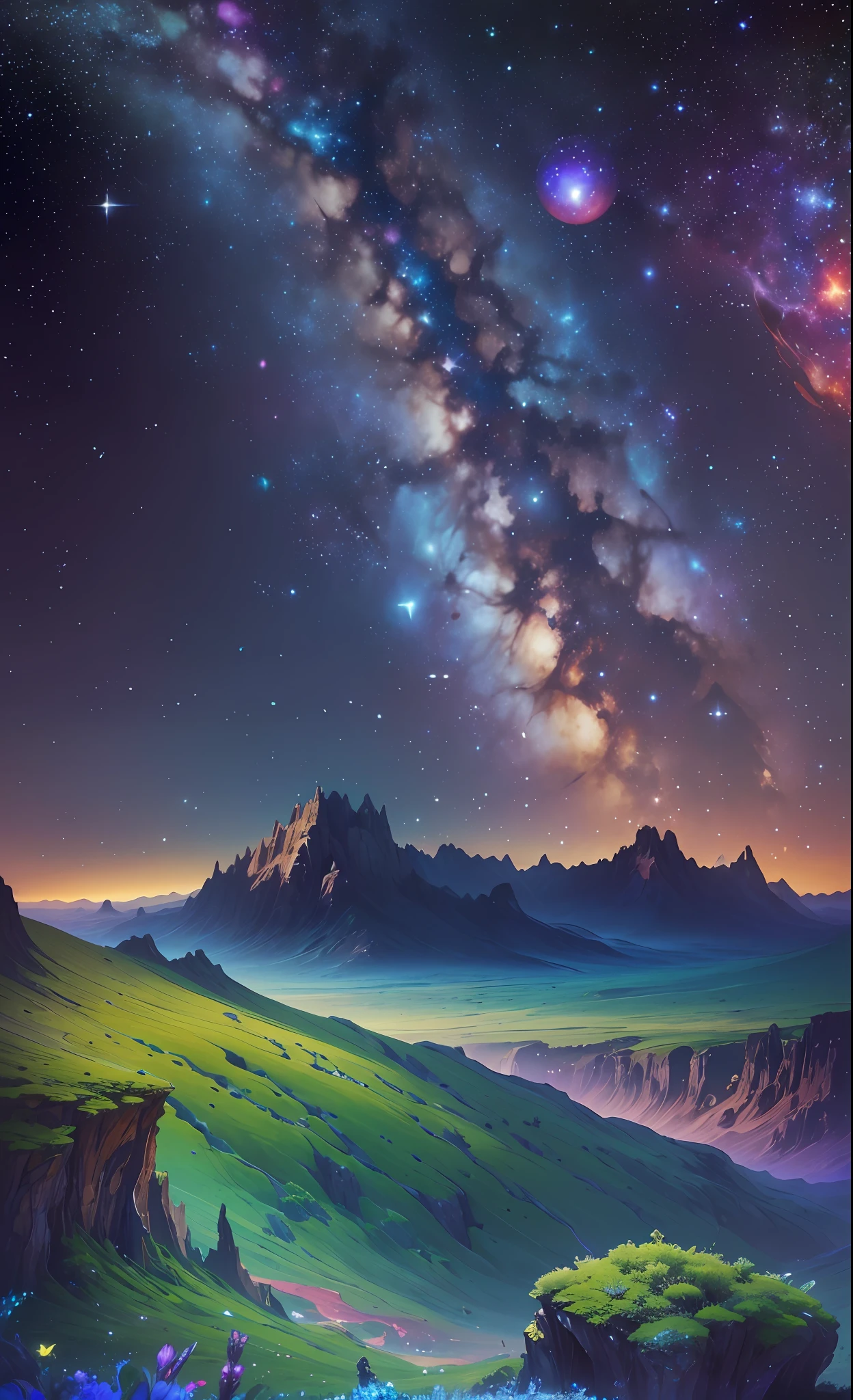 (a cosmic landscape), (vast and expansive view), (starry sky filled with countless stars), (sprawling galaxies in the distance), (lush and vibrant greenery), (intricate and diverse plant life), (peaceful and tranquil atmosphere), (serene and otherworldly colors), (sense of depth and scale), (captivating cosmic formations), (no human presence), (harmonious and balanced composition), (dazzling celestial light), (intriguing cosmic structures) --auto --s2