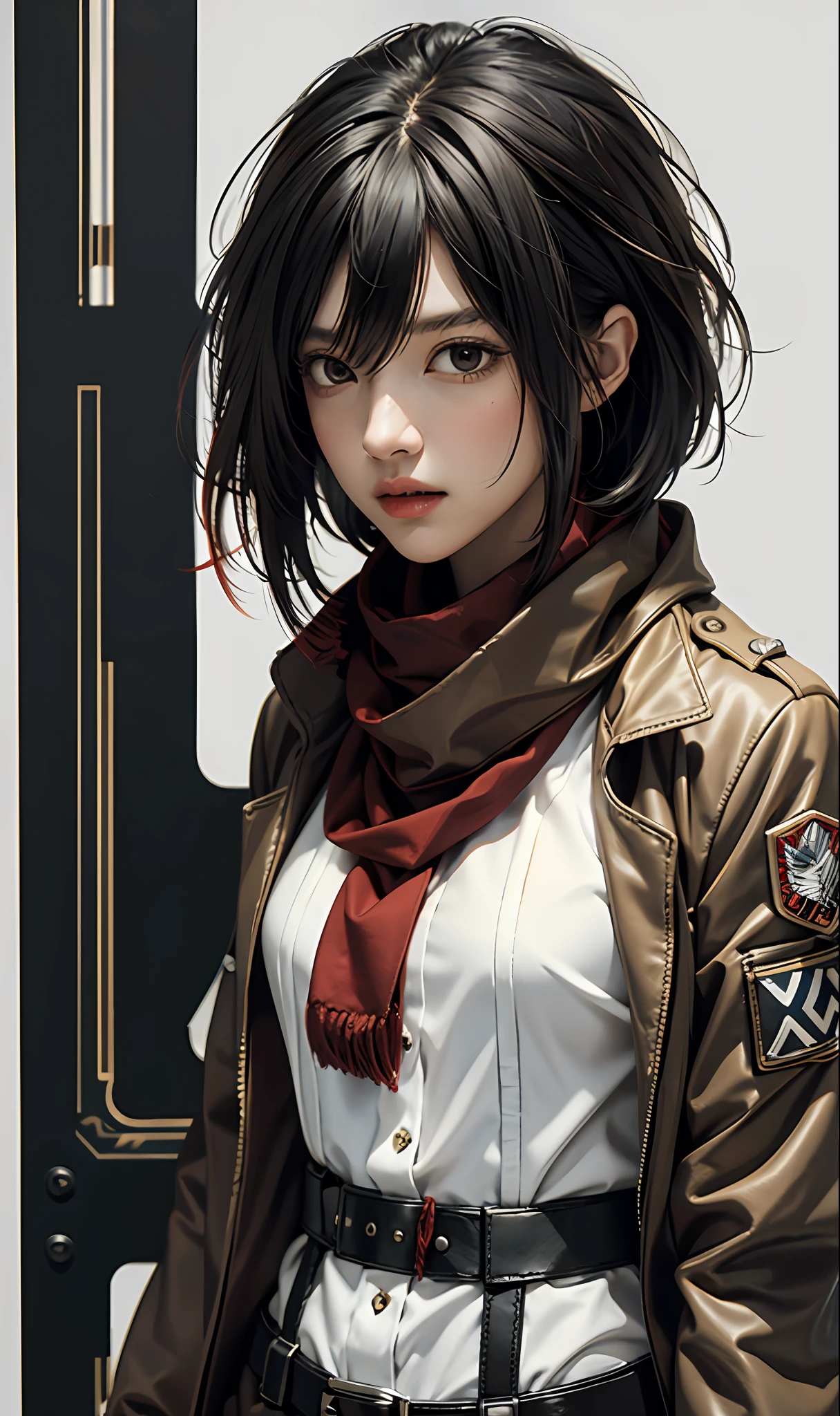 very detailed background, mikasa ackerman, shingeki no kyojin, 1girl, bangs, belt, belt buckle, black eyes, black hair, brown belt, brown jacket, buckle, dress shirt, hair between eyes, jacket, long sleeves, medium hair, open clothes, open jacket, open mouth, paradis military uniform, red scarf, scarf, shirt, solo, standing, straight hair, suspenders, three-dimensional maneuver gear, white background, white shirt, wing collar , ((masterpiece)),