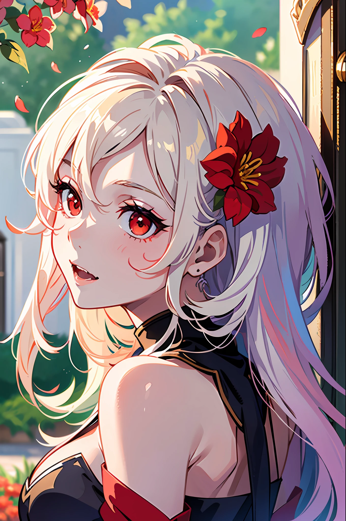 (masterpiece:1.2, best quality), (finely detailed beautiful eyes: 1.2), ((1girl)), ((solo)), (red eyes:1.4), (finely detailed eyes and detailed face:1.3), (beautiful and clear background:1.2), (extremely detailed CG, ultra-detailed, best shadow:1.1), ((depth of field)), ((watercolor)), bare shoulders, beautiful concept illustration, (white background:0.5), (illustration:1.1), (extremely fine and beautiful:1.1), (perfect details:1.1), from side, colorful, happy atmosphere, sleeveless, vampire, red eyes, fang teeth, pale skin, blond hair, royal, garden of flowers, calm expression, colorful flowers, sweet