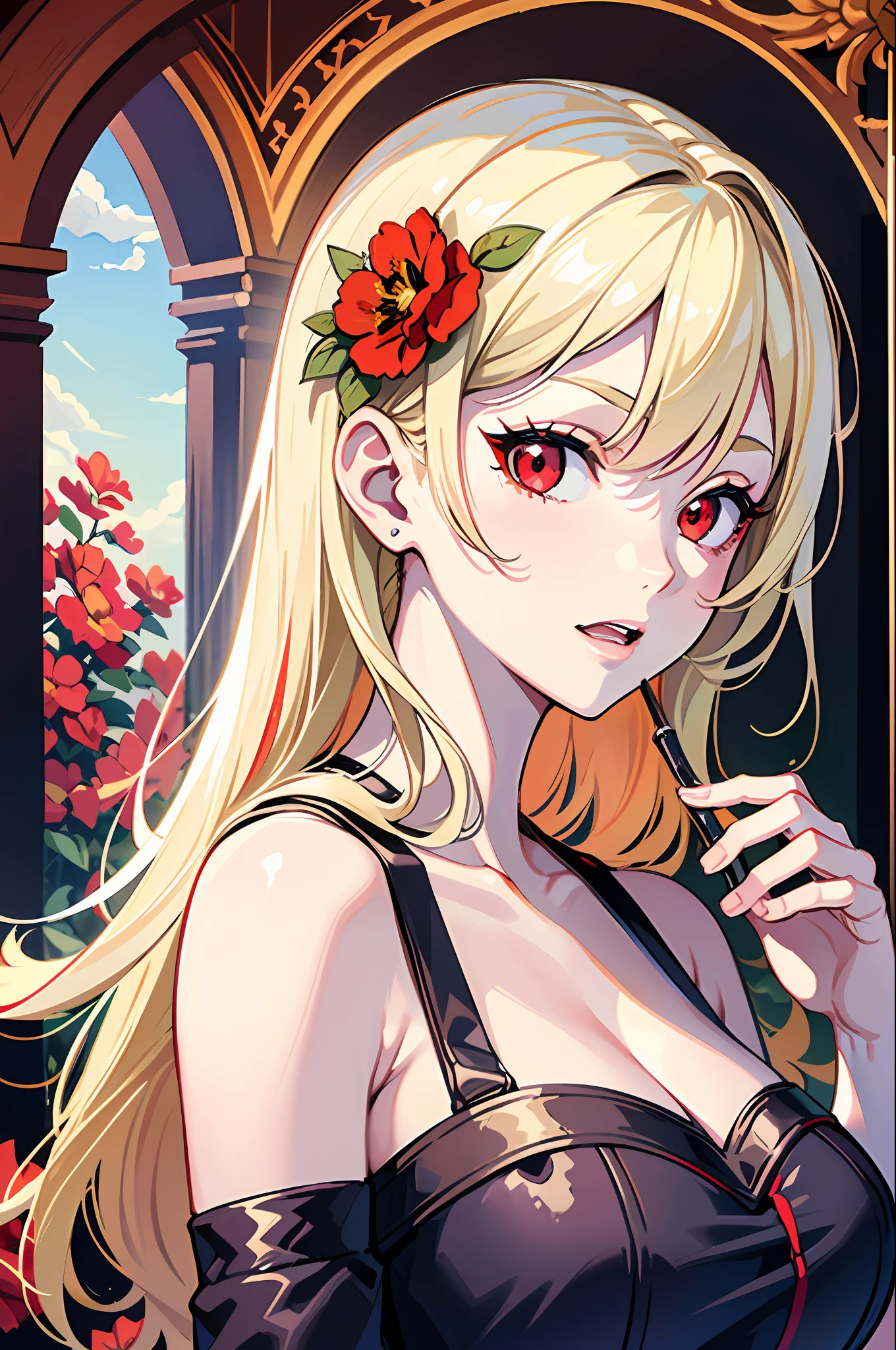 (masterpiece:1.2, best quality), (finely detailed beautiful eyes: 1.2), ((1girl)), ((solo)), (red eyes:1.4), (finely detailed eyes and detailed face:1.3), (beautiful and clear background:1.2), (extremely detailed CG, ultra-detailed, best shadow:1.1), ((depth of field)), ((watercolor)), bare shoulders, beautiful concept illustration, (white background:0.5), (illustration:1.1), (extremely fine and beautiful:1.1), (perfect details:1.1), from side, colorful, happy atmosphere, sleeveless, vampire, red eyes, fang teeth, pale skin, blond hair, royal, garden of flowers, calm expression, colorful flowers, sweet