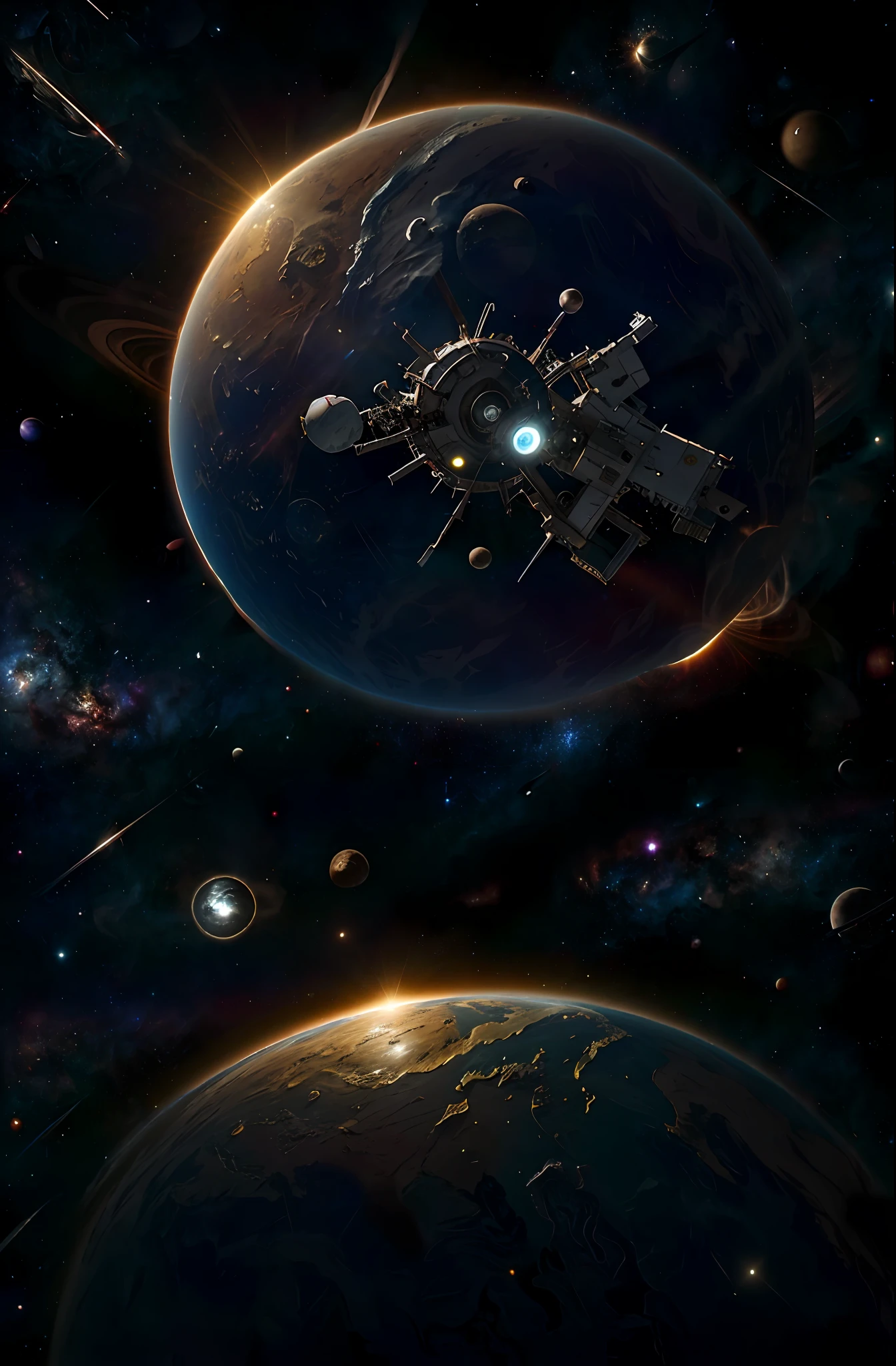 Space Station, Sun, Earth, Official Art, Unity 8k wallpaper, super detailed, beautiful beauty, masterpiece, best quality, very detailed, dynamic angle, denim shot, (most beautiful form chaos), ethereal, (bright colors), oc, (masterpiece, top quality, best quality, ultimate detail, highest detail, official art, beauty and aesthetics: 1.2), golden ratio, full composition
