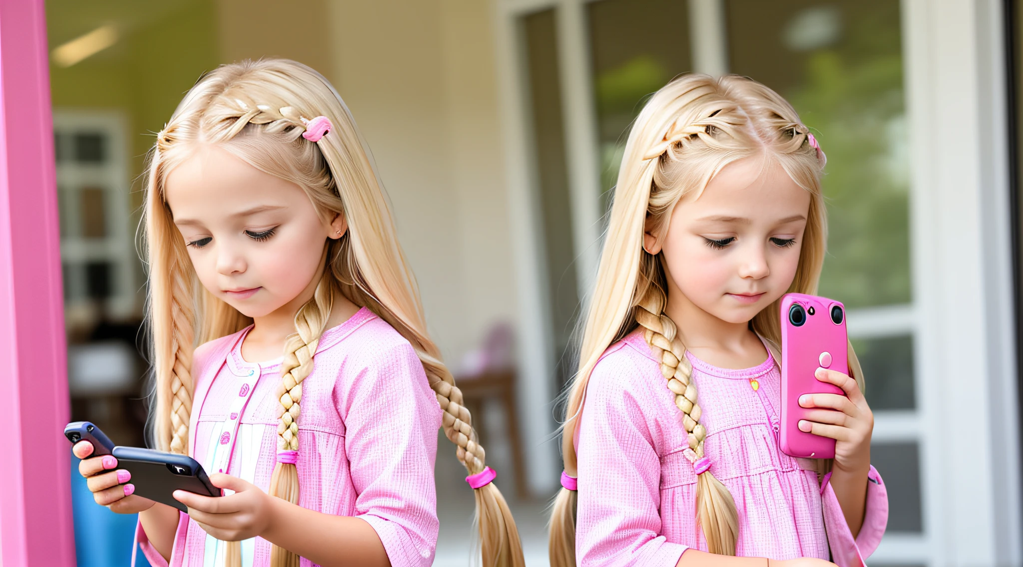 GIRL BLONDE CHILD LONG HAIR BRAIDS, holding a pink cell phone in her hand, girl making a phone call, cell phone, checking her cell phone, child, toy business photo, pink girl, high key, high-key, cell phone, next generation, holding a very advanced phone, children, girl, giga, precious, playing, gadgets, photo shoot