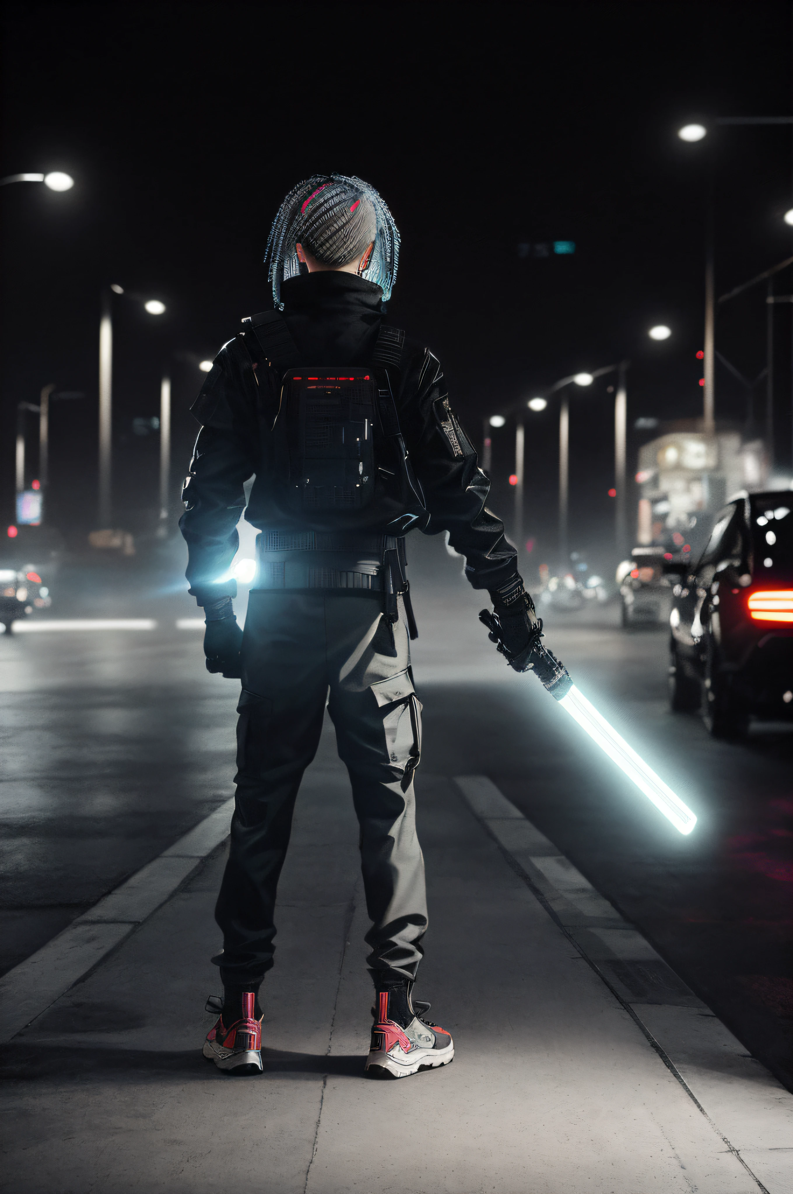 there is a man with a light saber standing on the street, holding lightsaber 4 k, hyper-realistic cyberpunk style, cyberpunk samurai, cyberpunk knight, cyberpunk streetwear, cyberpunk soldier, cyberpunk street goon, cyberpunk photo, cyberpunk wearing, octane render sci - fi, cyberpunk techwear, cyberpunk art ultrarealistic 8k, dark futuristic, futuristic cyberpunk scenario