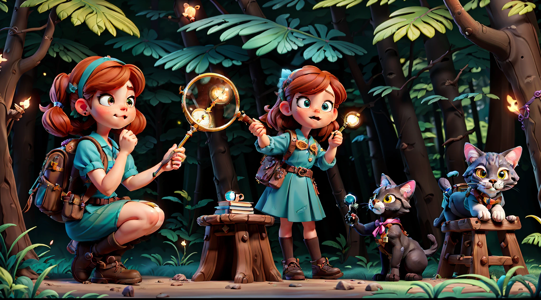 Sophie studied the map carefully and realized that it pointed the way to an Enchanted Forest. Excited, she prepared her backpack with snacks, a compass and a magnifying glass. With their faithful cat, Mimo, by their side, they set out in search of this mysterious forest.