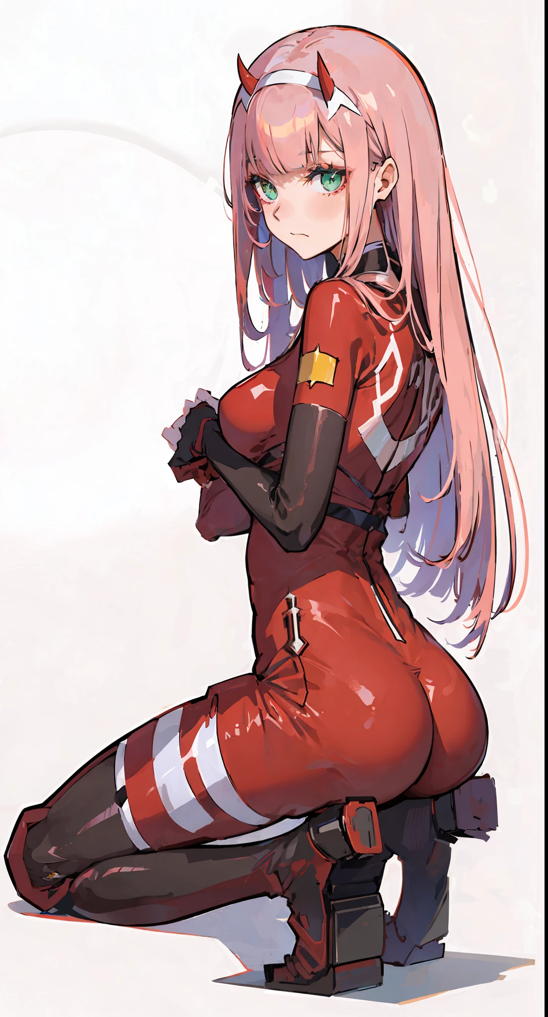 zero two \(darling on franxx\), darling on franxx, 1girl, bangs, bite, from behind, shadow, green eyes, horns, long hair, looking at the viewer, small breasts, makeup, red bodysuit, Pantyhose, big thighs, long boots, pink hair, red eyeshadow, tight skin, solo