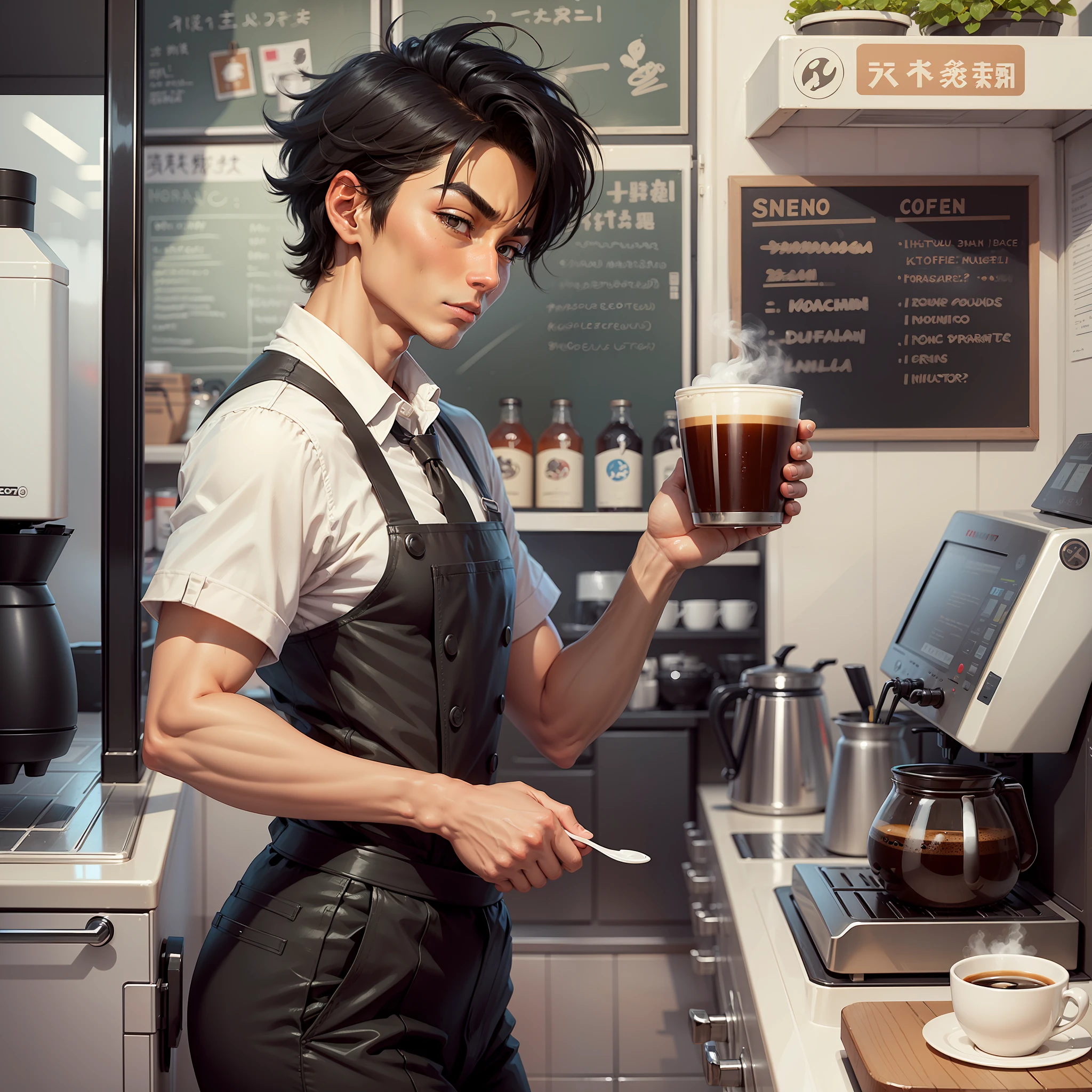 an antropomorphic KUDO SHINICHI serving coffee at a coffee van. isolated on Completely white background, clean edges, cartoon style with low detail, 2D, flat color, strong black contour lines --auto --s2