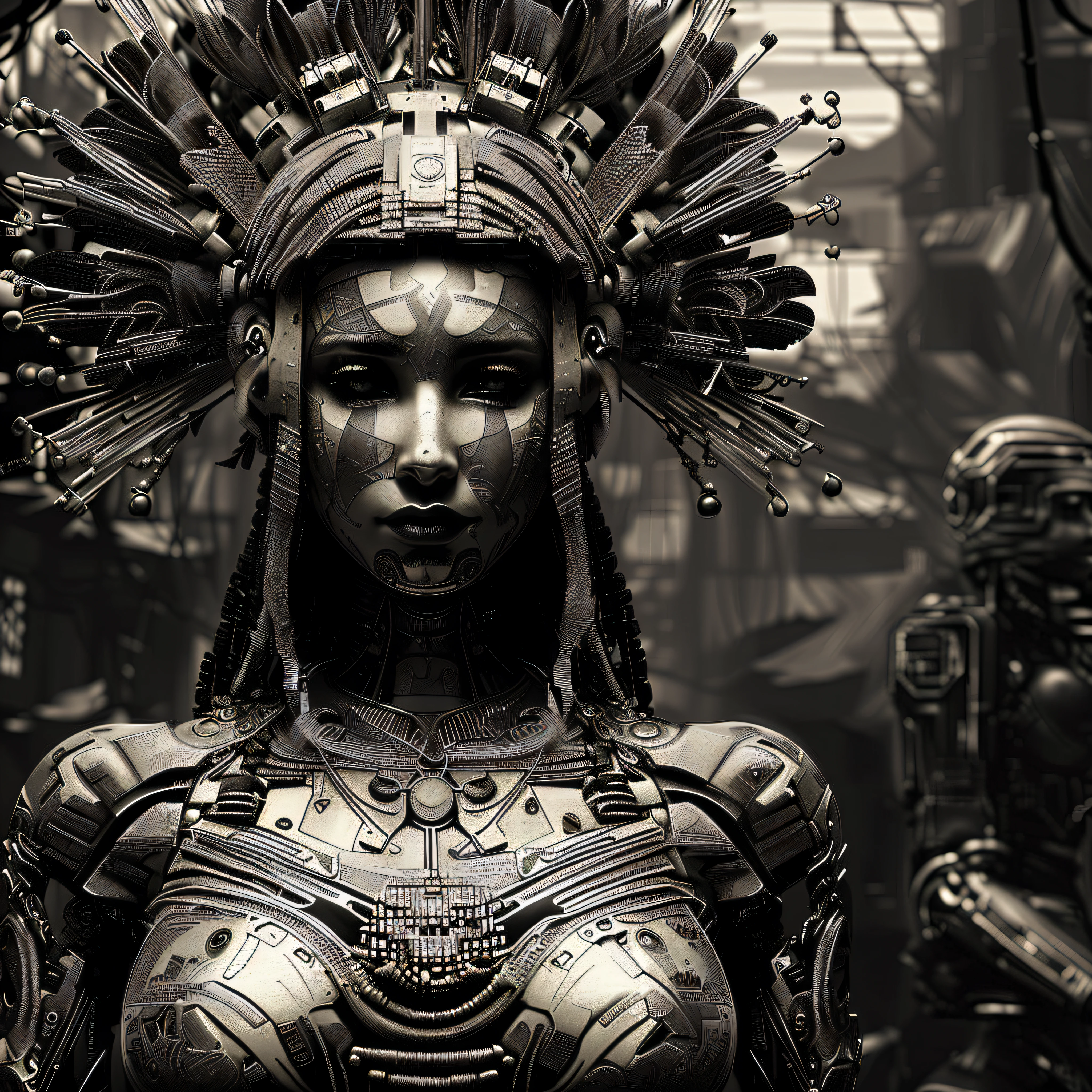 There is a woman with a headdress made of metal, cyberpunk robot elven queen, portrait of a cyborg queen, ornamental gothic - cyberpunk, portrait of a cyberpunk machine, awarded in cgsociety, cyberpunk angry goddess beautiful, intricate cyborg, intricate cyberpunk armor, cyborg woman, goth - cyberpunk, seductive dark cyberpunk fantasy, afrofuturism style, background tribe in the forest, blurred background, Professional photography by Sebastião Salgado