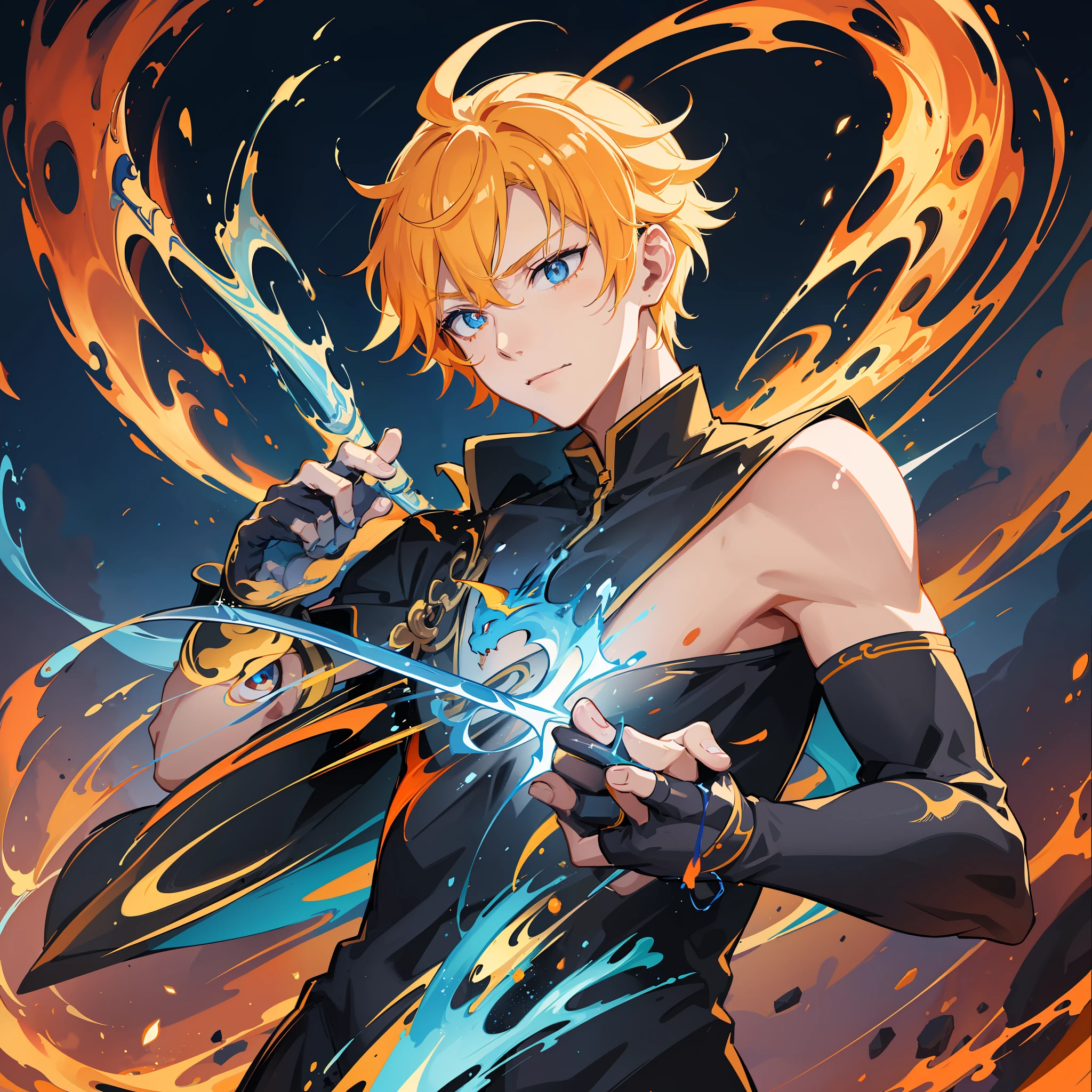 1 man, Jaune Arc, God of Fire and thunder, Pale blonde hair, upper body to show, Bright blue oriental dragon tattoo on left arm, bright orange oriental dragon tattoo on left arm, bright white pupils, Katana on right hand, serene expression, calm look, flaming aura with blue rays, Fire powers, Lightning powers