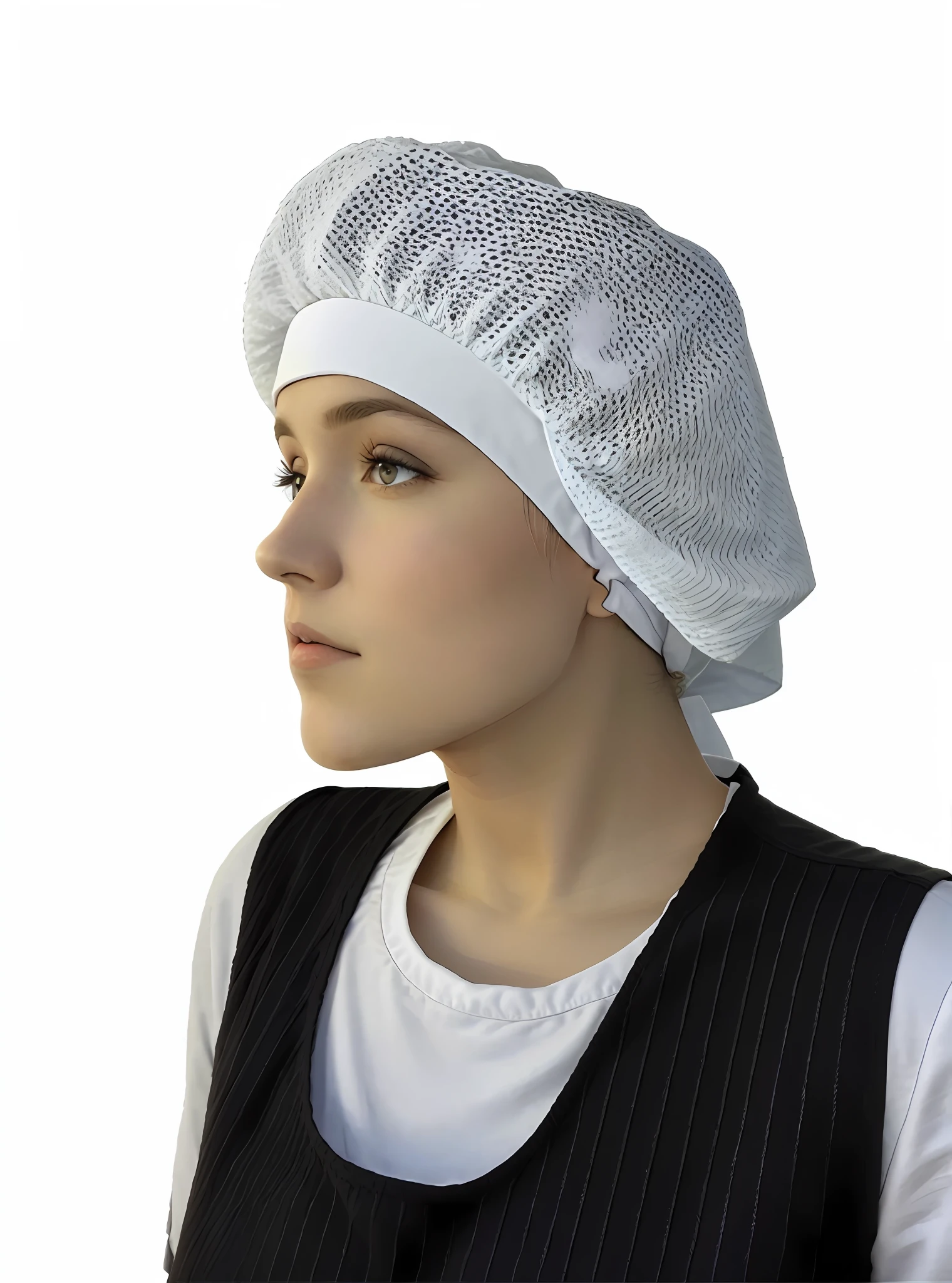 A closeup of a woman's head wearing a white cap, full body view. white plastic, shower cap, knitted headdress, wearing a white bathing cap, wearing white chef's hat, head covered, chef's hat, white transparent veil, full head, with rap cap on head, wearing white silk hoodie, berets, round hood, hats, side profile view, beautiful eyes
