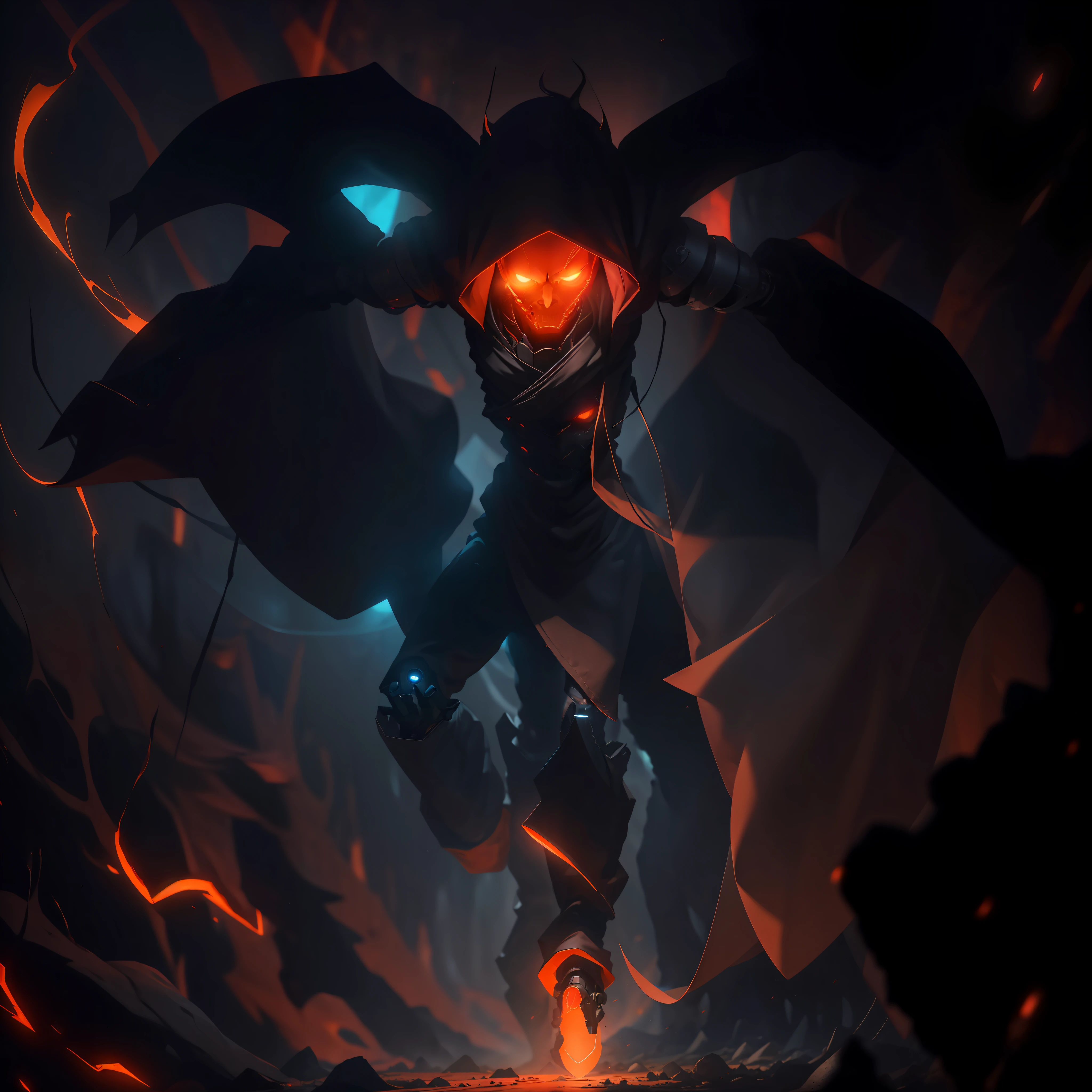 (best illumination, best shadow, masterpiece), unsettling dark horror, digitigrade long legs, robot  ([nano techonolgy:1.1] nano technology,[orange+red:1.2] glowing color), shemagh covering the top half of the body. Male nightmare fuel black particles floating around him and coming off of it wearing robes