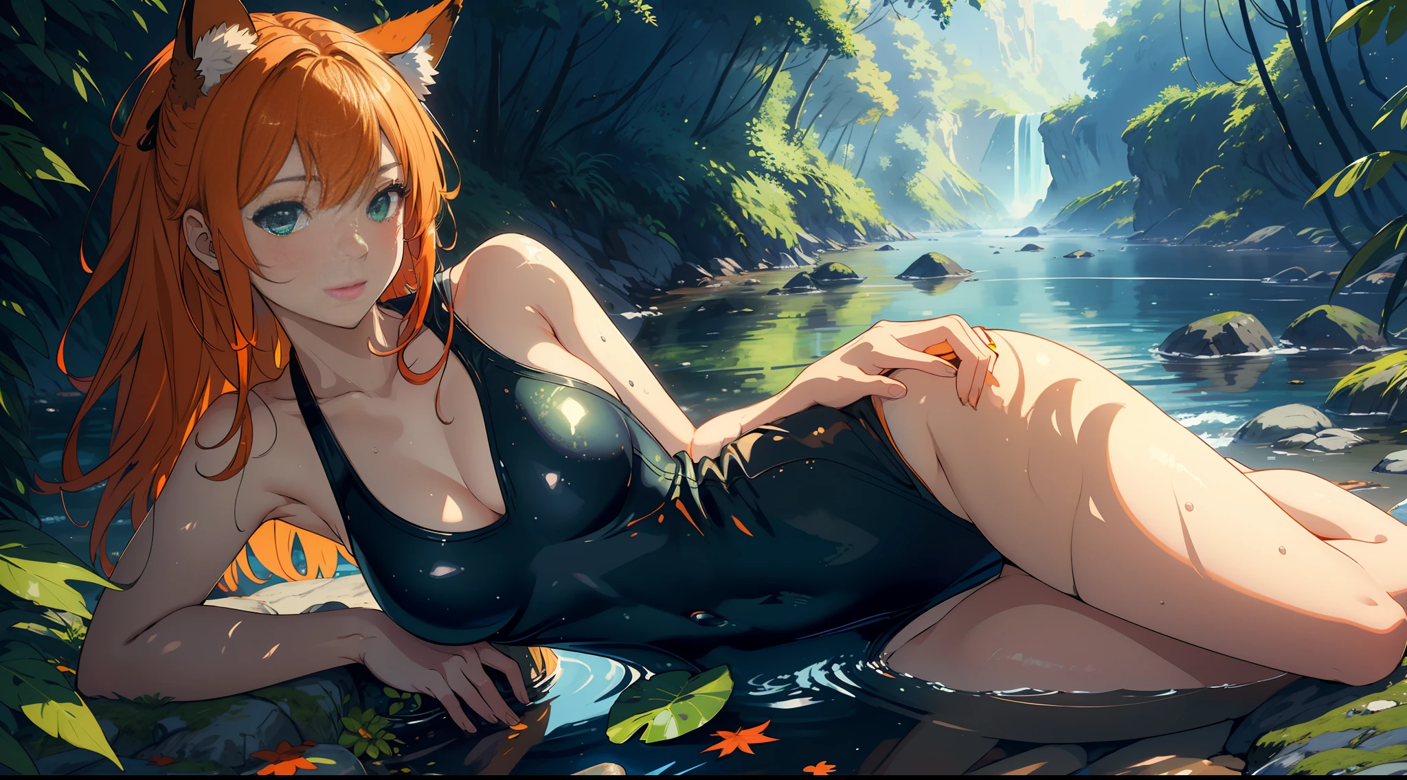 (masterpiece, best quality, ultra-detailed), (illustration), (beautiful detailed eyes), ((very detailed face)), (1girl), (solo), animal ears, animal ear fluff, Orange hair, green eyes, sidelocks, kal'tsit \(arknights\), 

(wearing a one-piece swimsuit), sitting on a rock, looking out at the ocean, waves crashing against the shore, seagulls flying overhead, peaceful and content expression, beautiful detailed night sky, nature, (greenery:1.3), collarbone, bold and bright colors, tree, falling leaves, 

medium breasts, thick thighs, critical angle, seductive expression, wet, arms behind back,

masterpiece, best quality, ultra-detailed, illustration, 1girl, solo, daytime, blanket, plants, natural light, shadow, contrast, texture, detail, realism

aesthetics, flirtatious, artistry, composition, balance, harmony, rhythm, color, light, shadow, reflection, refraction, tone, contrast, foreground, middle ground, background, naturalistic, figurative, 
representational,