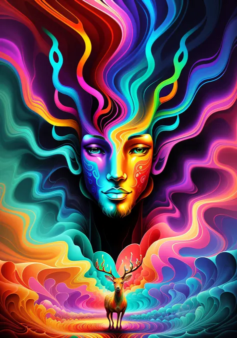 (psychedelic painting of a deer standing in front of a colorful swirl), ((multiple antlers, stag, big head)), bright colors, thi...