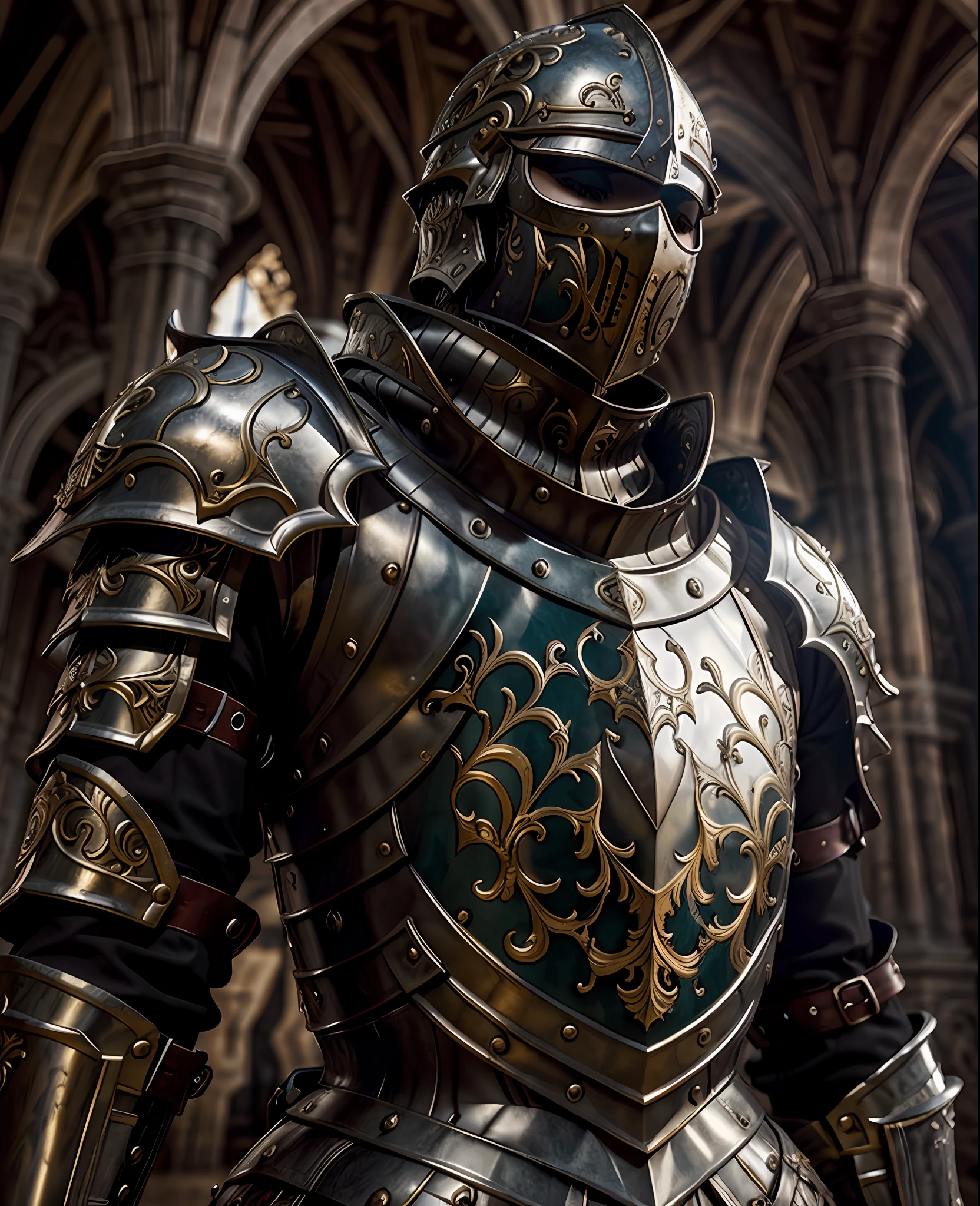 Masterpiece, best quality, baroque, realistic, 1girl, medieval templar armor, upper body, looking at the viewer