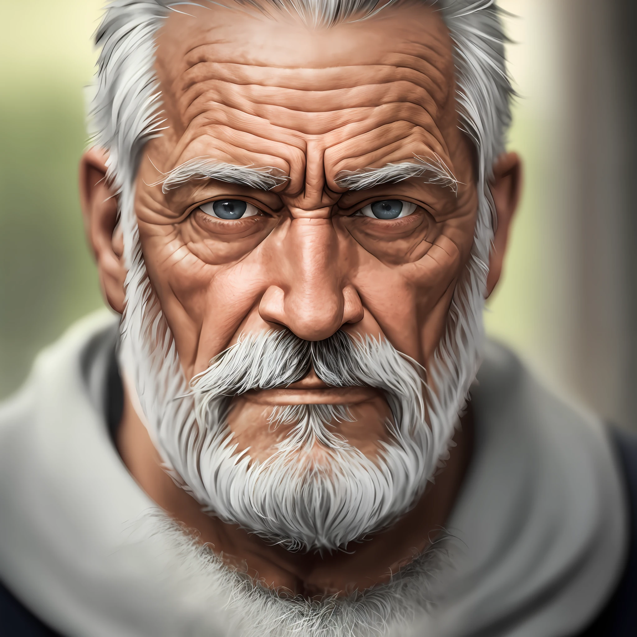a realistic photographic portrait of an old man with a gray beard, intense gaze, Someone size 16:9 --auto --s2