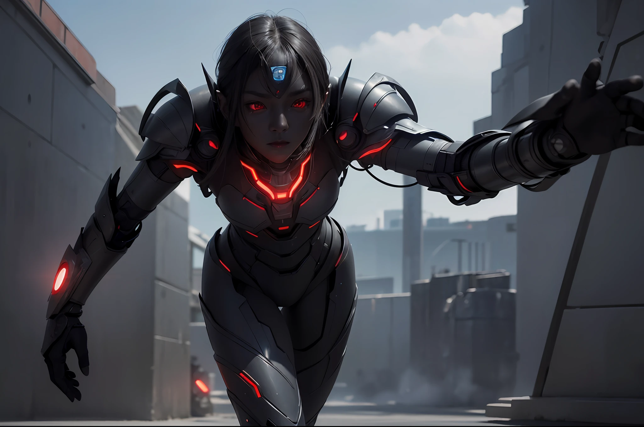 Several beautiful dark-skinned Chinese female aliens invading Earth, (red glowing eyes), (cybernetic armor), ((very sharp details)), ((((dark grey skin)))), ((perfect face)), ((perfect body)), ((full body shot)), (((correct anatomy))), hyper realistic, realistic face, realistic hair, ultra realistic, masterpiece, (8k, RAW photo, best quality, masterpiece:1.2), (realistic, photo-realistic:1.37), professional lighting, photon mapping, radiosity, physically-based rendering --v 6