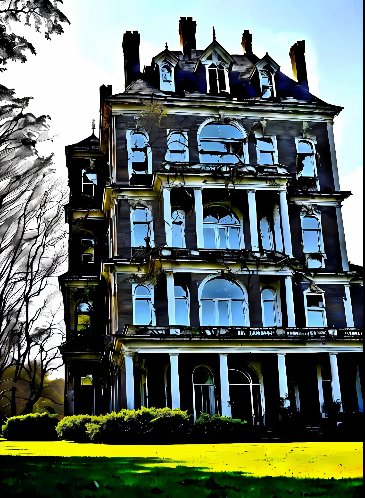 An abandoned mansion seen from the outside has dark shadows, secrets that can destroy a society