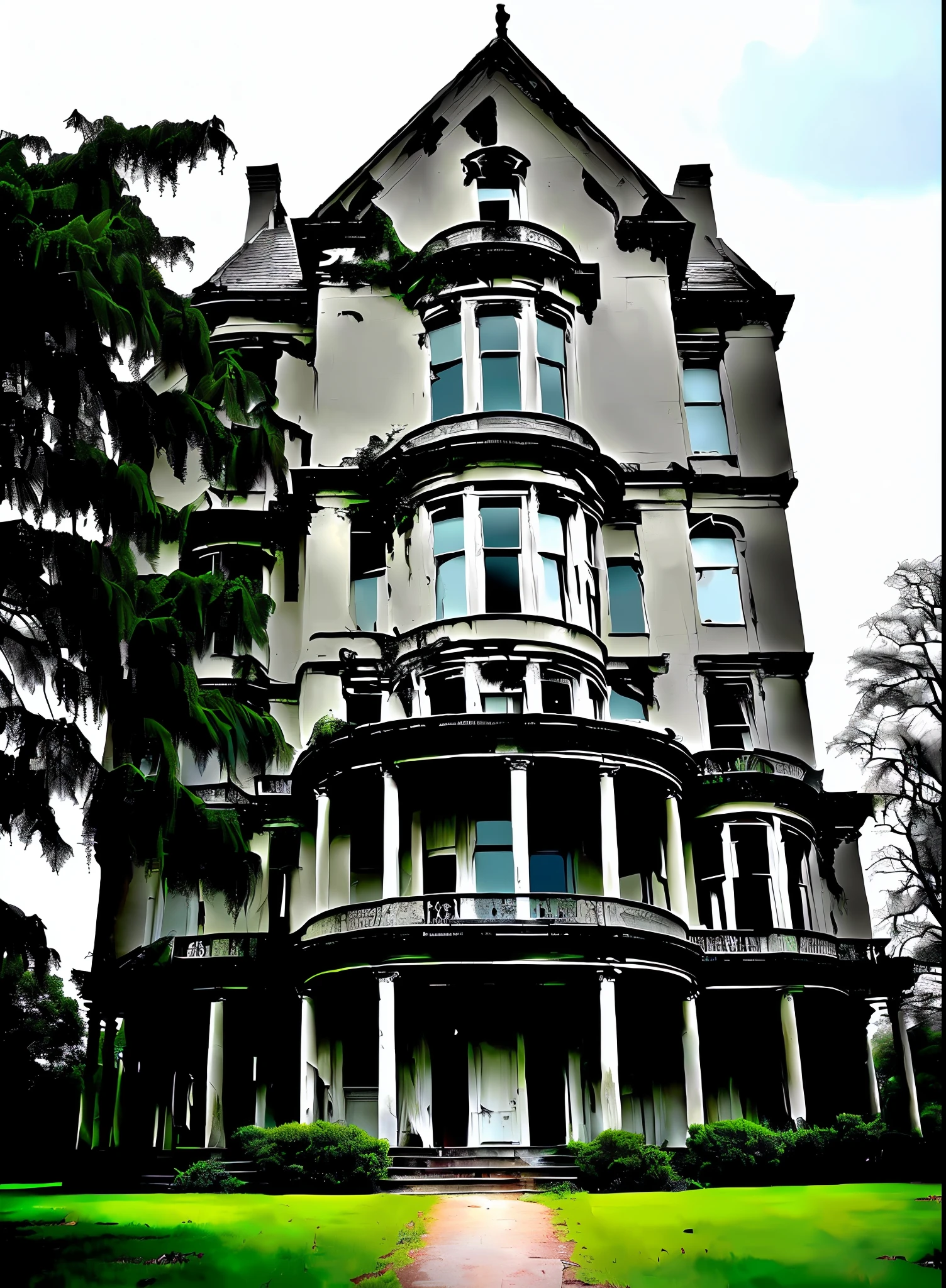 An abandoned mansion seen from the outside has dark shadows, secrets that can destroy a society