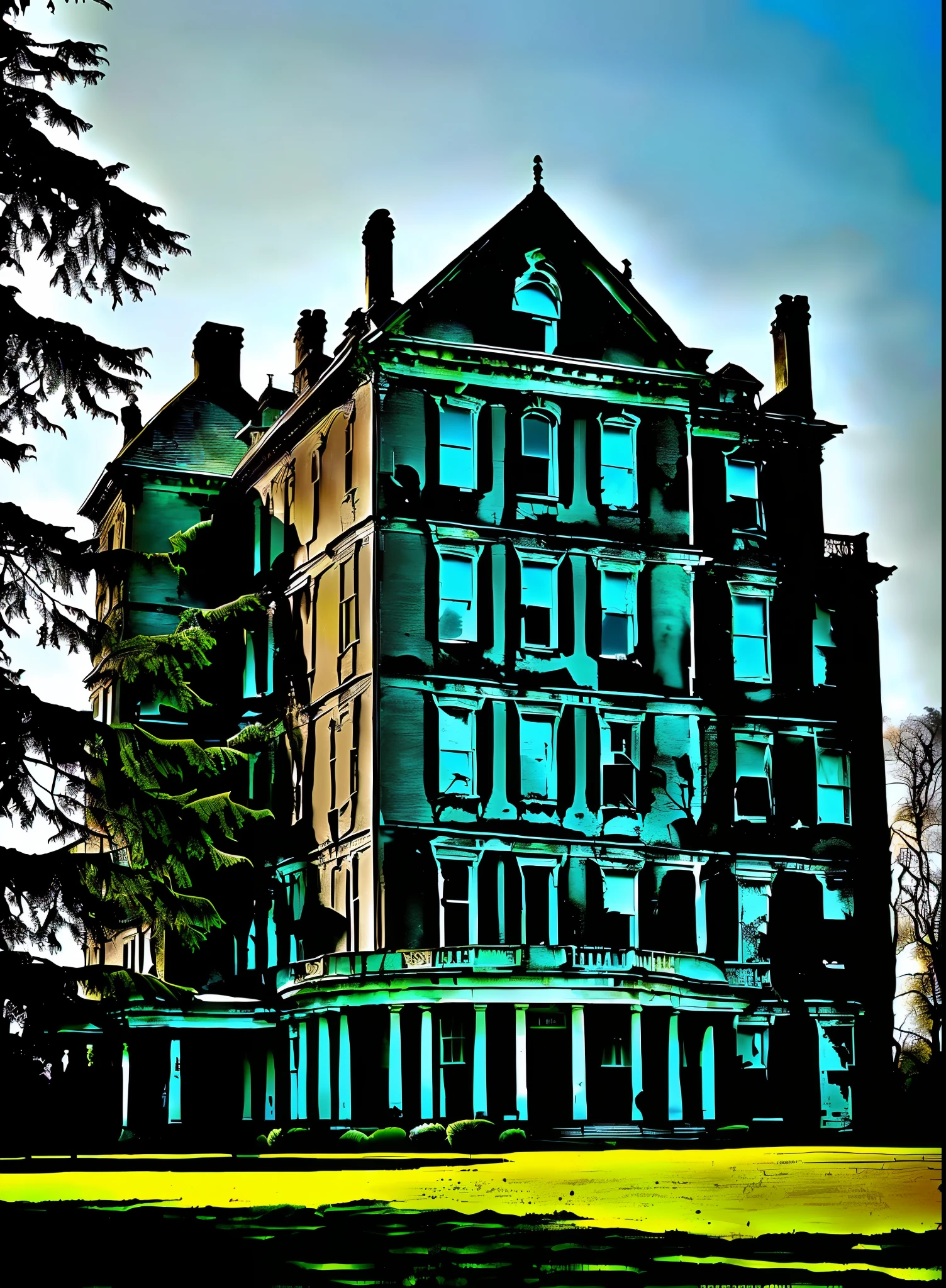 An abandoned mansion seen from the outside has dark shadows, secrets that can destroy a society