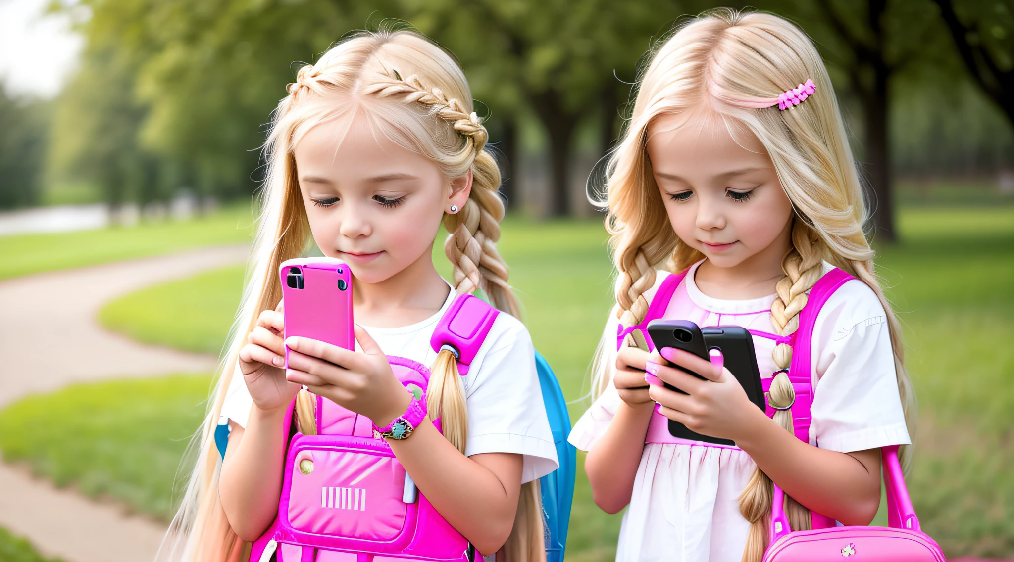 GIRL BLONDE CHILD LONG HAIR BRAIDS, holding a pink cell phone in her hand, girl making a phone call, cell phone, checking her cell phone, child, toy business photo, pink girl, high key, high-key, cell phone, next generation, holding a very advanced phone, children, girl, giga, precious, playing, gadgets, photo shoot