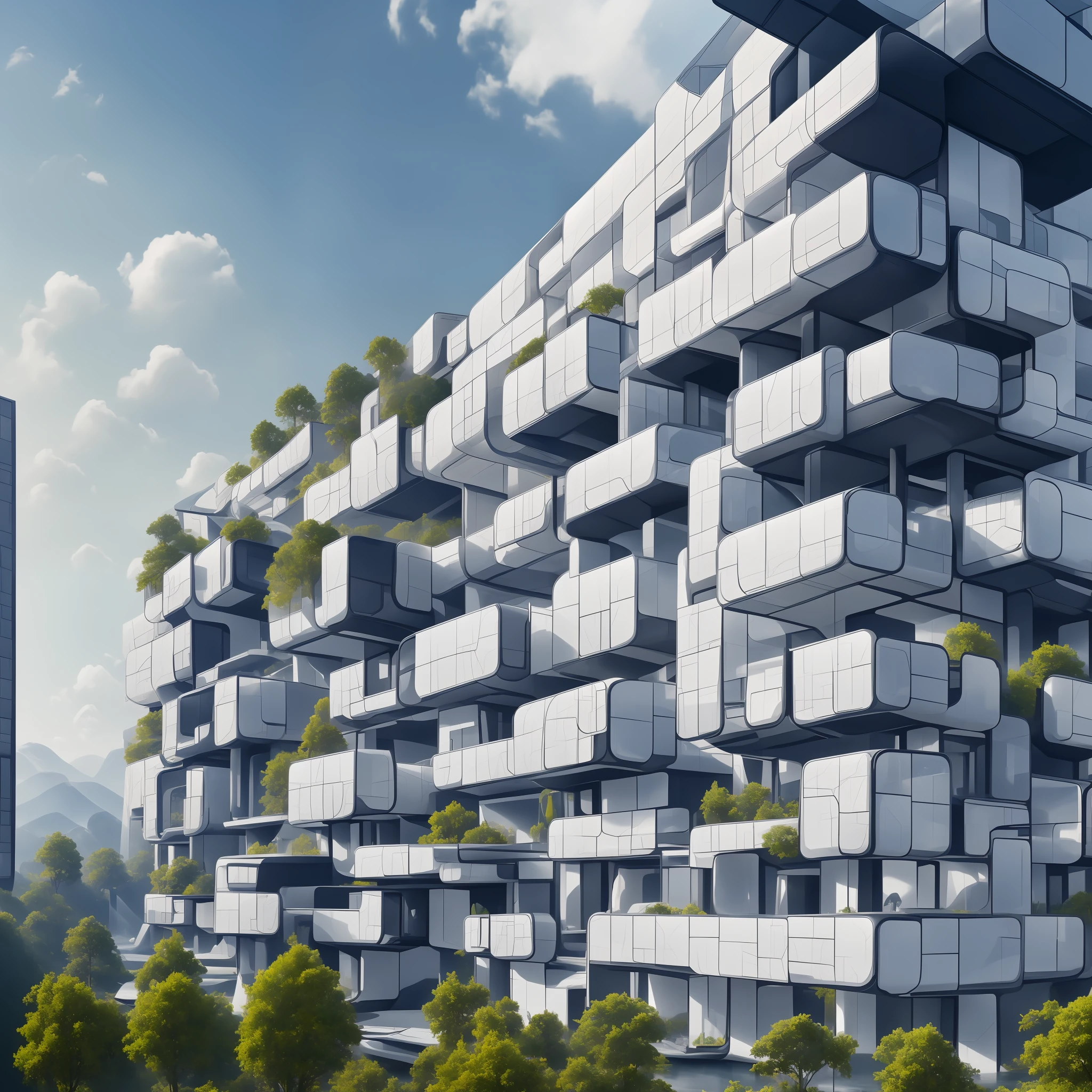 Futuristic design of an awesome sunny  day environment concept art on a futuristic forest terrain with huge waterfalls,streams,sacred grooves, nature architecture, proportional,detailed, blueprint,bright clouds, nature meets futuristic architecture by Santiago Calatrava and Vincent Callebaut  with Wes Anderson village,residential area, futuristic development, high rise made up staircases, balconies, full of composite glass facades, residential spaces carved from cliff side ,trending on artstation, beautiful lighting,In the style of Andreas Achenbach and Norman Ackroyd masterpiece, fantasy, intricate, award winning, 4k, highest quality