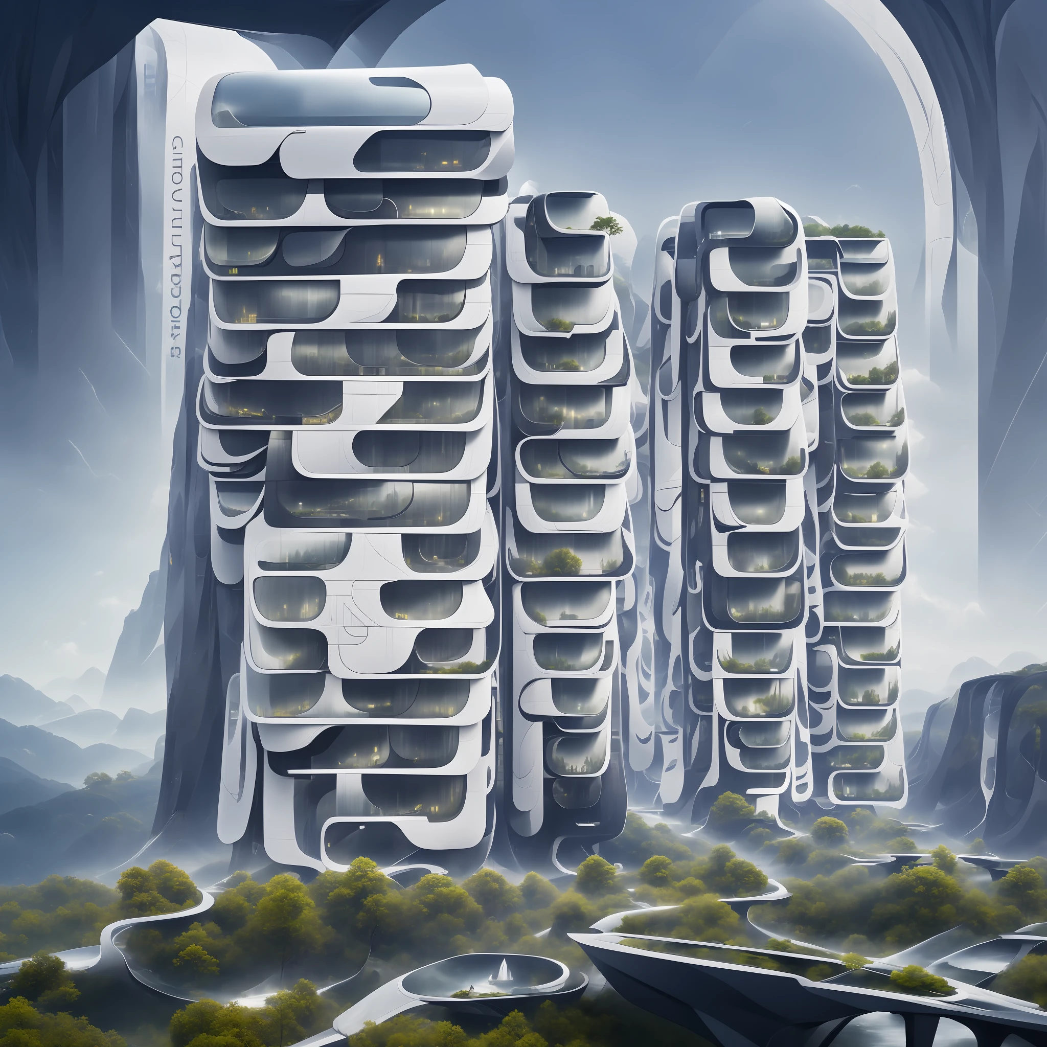Futuristic design of an awesome sunny  day environment concept art on a futuristic forest terrain with huge waterfalls,streams,sacred grooves, nature architecture, proportional,detailed, blueprint,bright clouds, nature meets futuristic architecture by Santiago Calatrava and Vincent Callebaut  with Wes Anderson village,residential area, futuristic development, high rise made up staircases, balconies, full of composite glass facades, residential spaces carved from cliff side ,trending on artstation, beautiful lighting,In the style of Andreas Achenbach and Norman Ackroyd masterpiece, fantasy, intricate, award winning, 4k, highest quality