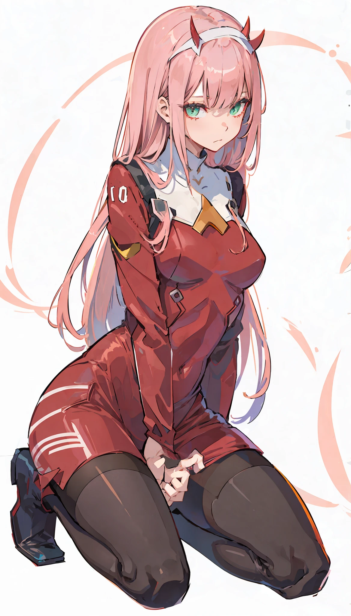 zero two \(darling on franxx\), darling on franxx, 1girl, bangs, bite, from behind, shadow, green eyes, horns, long hair, looking at the viewer, small breasts, makeup, red bodysuit, Pantyhose, big thighs, long boots, pink hair, red eyeshadow, tight skin, solo