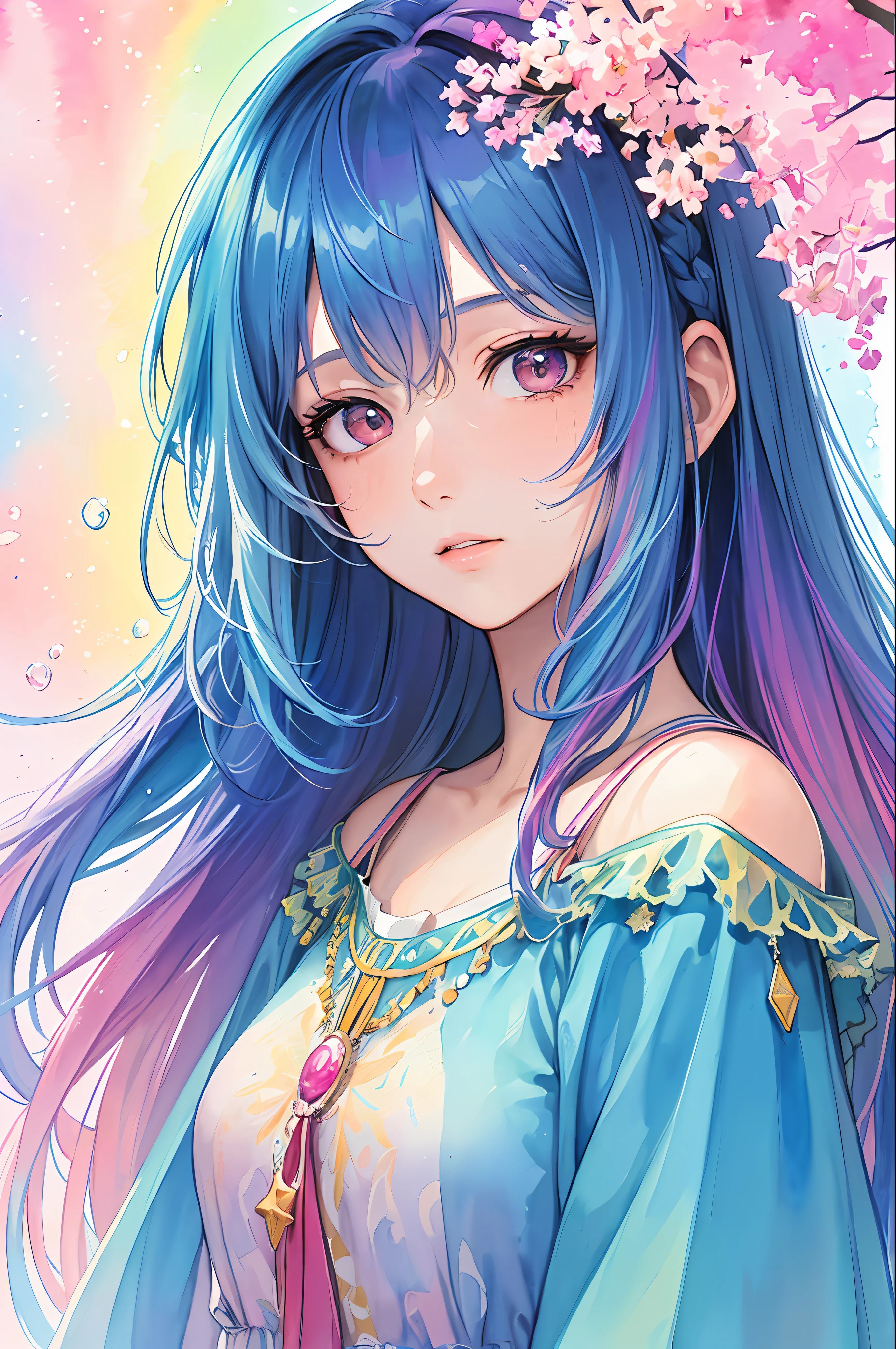 (masterpiece, top quality, best quality,watercolor (medium),official art, beautiful and aesthetic:1.2),(1girl:1.3), (fractal art:1.3),upper body, from side, looking at viewer,patterns,(rainbow color Hair,colorful hair,half blue and half pink hair:1.2),water,liquid, cloud,colorful, starry,stars,