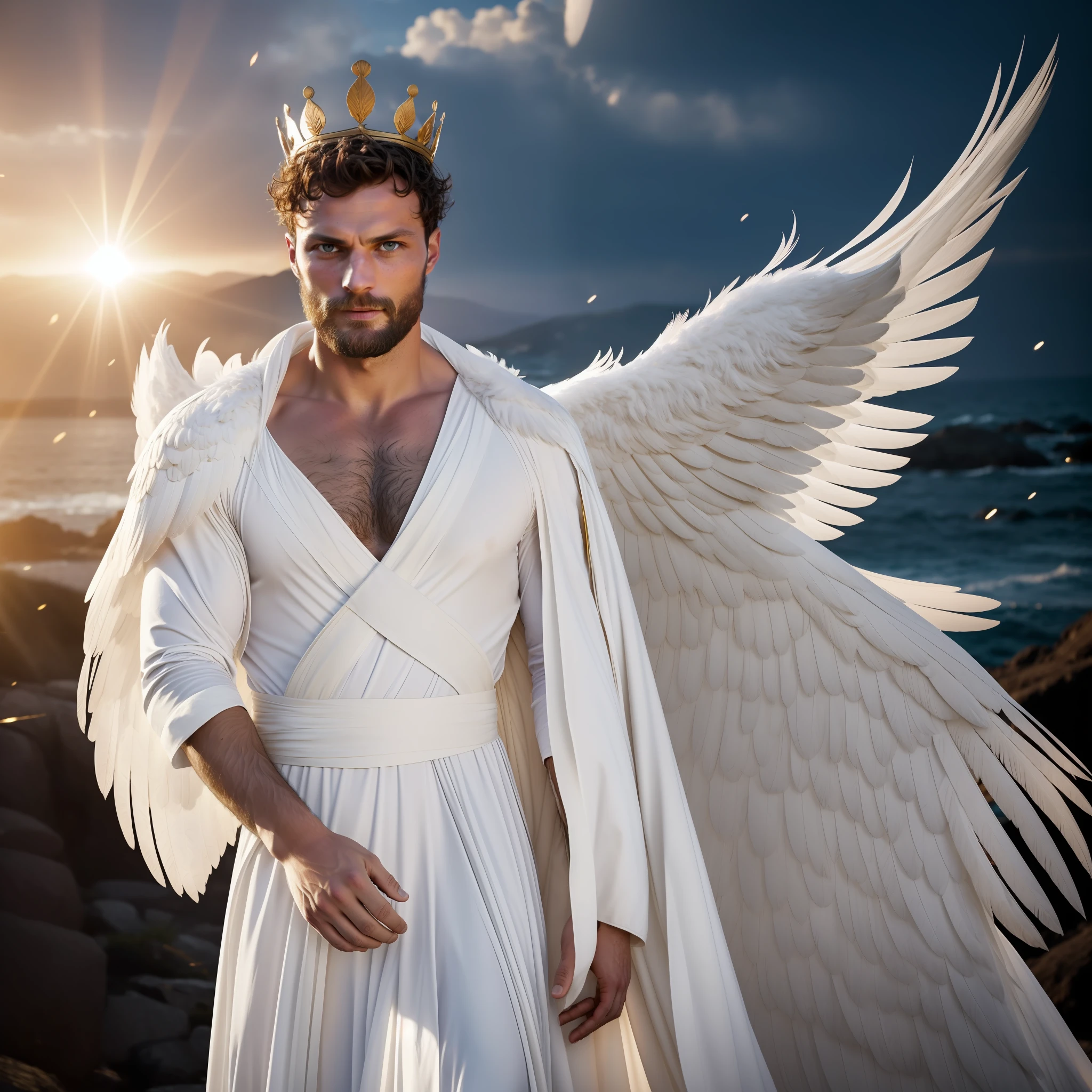 Man with large wings of white feathers on the back, praying, large wings, Jamie Dornan, eyes of light, wearing short black beard, wearing Golden Crown, focus on the details of the face, coming out happy rays, serious and attractive man, wearing white robe, magical and real effect, movie cover, with magical light explosions, powerful celestial warrior, similar to actor Jamie Dornan, orange magic sky image background, (8k, RAW photo, best quality, masterpiece: 1.2), (realistic, photorealistic: 1.37), professional lighting.