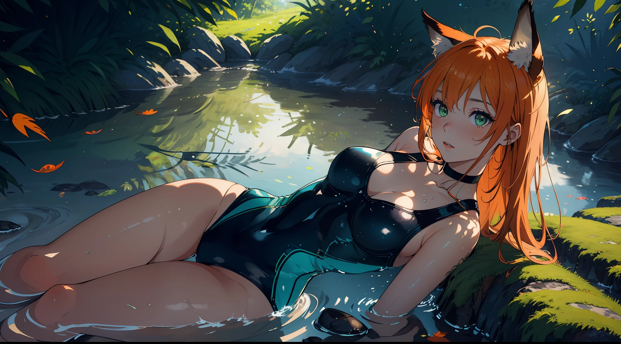 (masterpiece, best quality, ultra-detailed), (illustration), (beautiful detailed eyes), ((very detailed face)), (1girl), (solo), animal ears, animal ear fluff, Orange hair, green eyes, sidelocks, kal'tsit \(arknights\), 

(wearing a one-piece swimsuit), sitting on a rock, looking out at the ocean, waves crashing against the shore, seagulls flying overhead, peaceful and content expression, beautiful detailed night sky, nature, (greenery:1.3), collarbone, bold and bright colors, tree, falling leaves, 

medium breasts, thick thighs, critical angle, seductive expression, wet, arms behind back,

masterpiece, best quality, ultra-detailed, illustration, 1girl, solo, daytime, blanket, plants, natural light, shadow, contrast, texture, detail, realism

aesthetics, flirtatious, artistry, composition, balance, harmony, rhythm, color, light, shadow, reflection, refraction, tone, contrast, foreground, middle ground, background, naturalistic, figurative, 
representational,