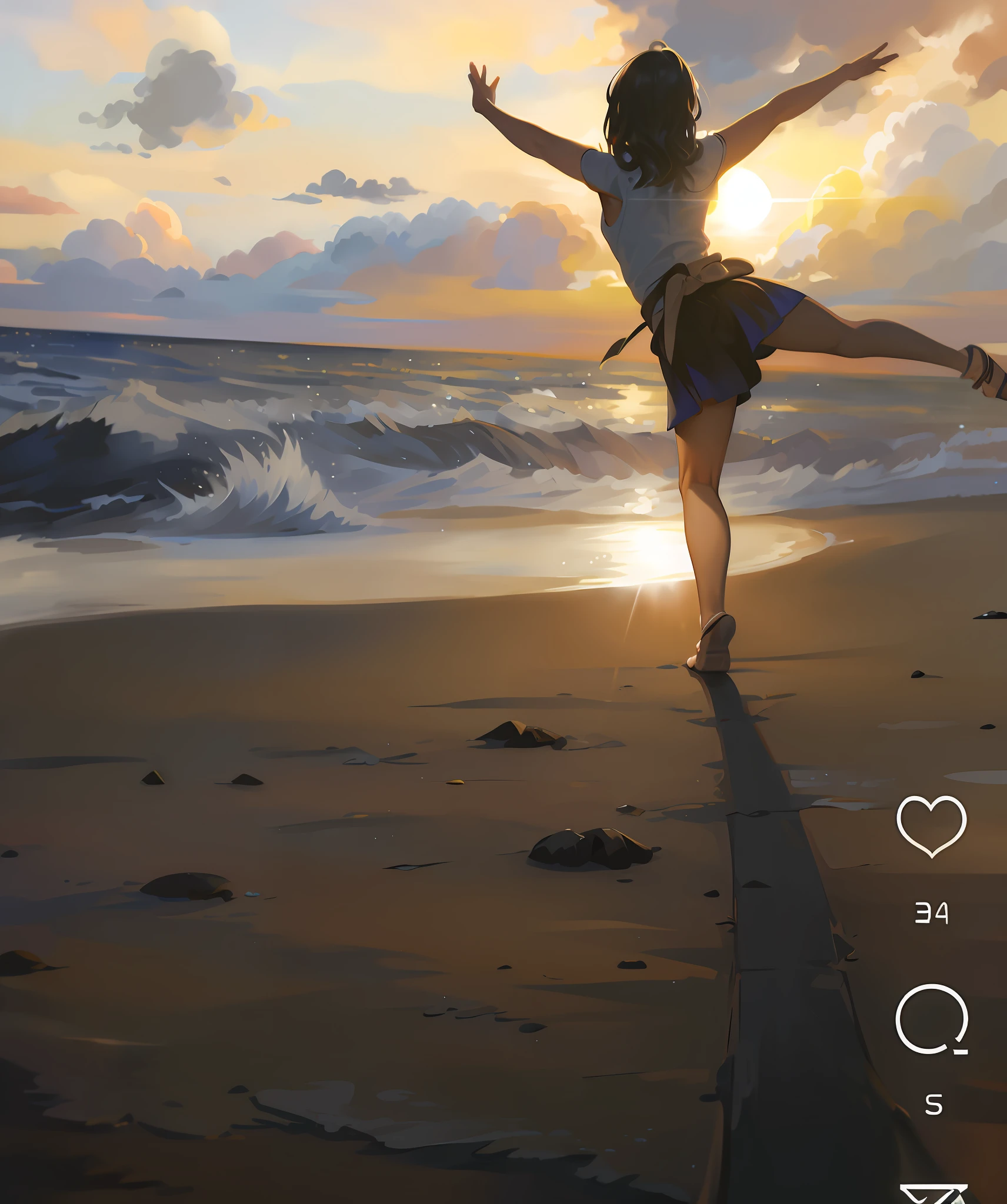 "((best quality|masterpiece|ultra-detailed) CG unity 8k wallpaper), highly detailed legs and ballet posture, wavy and flowing hair, (ballet pose), (on the beach|seaside|by the sea), (vibrant|bright|colorful) atmosphere, (sunset|dusk) lighting" --auto --s2