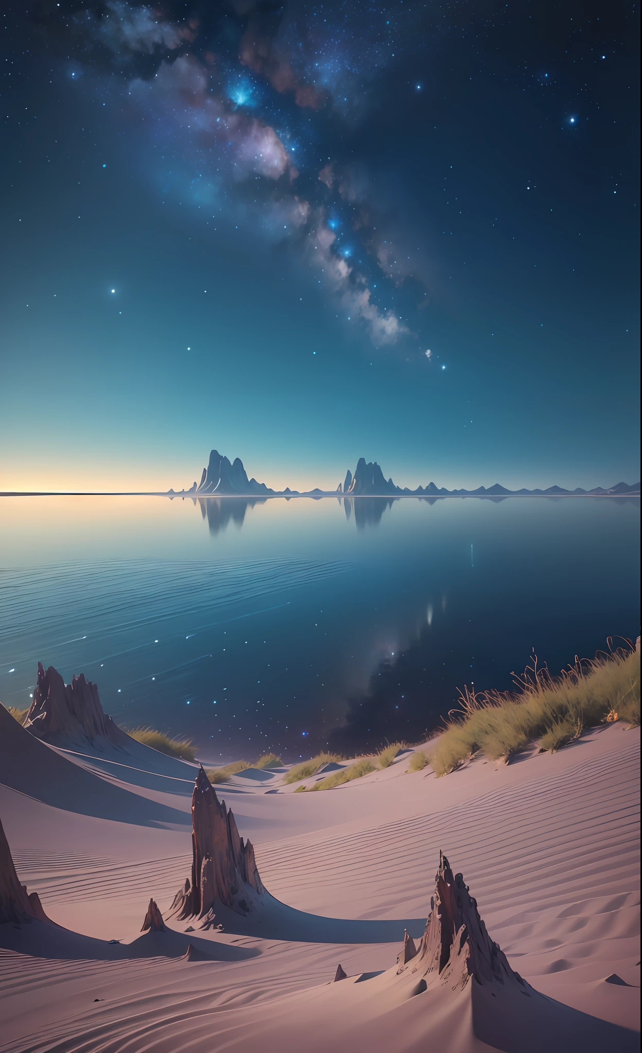 (a realistic cosmic landscape), (expansive view of the cosmos), (starry sky with a multitude of twinkling stars), (interstellar clouds and nebulae), (lush and natural plant life), (meticulously detailed foliage), (captivating astronomical formations), (crisp and vivid colors), (authentic and natural lighting), (impressive depth and realism), (absence of human-made structures), (serene and untouched atmosphere), (photorealistic quality), (no human presence), ultra realistic --auto --s2
