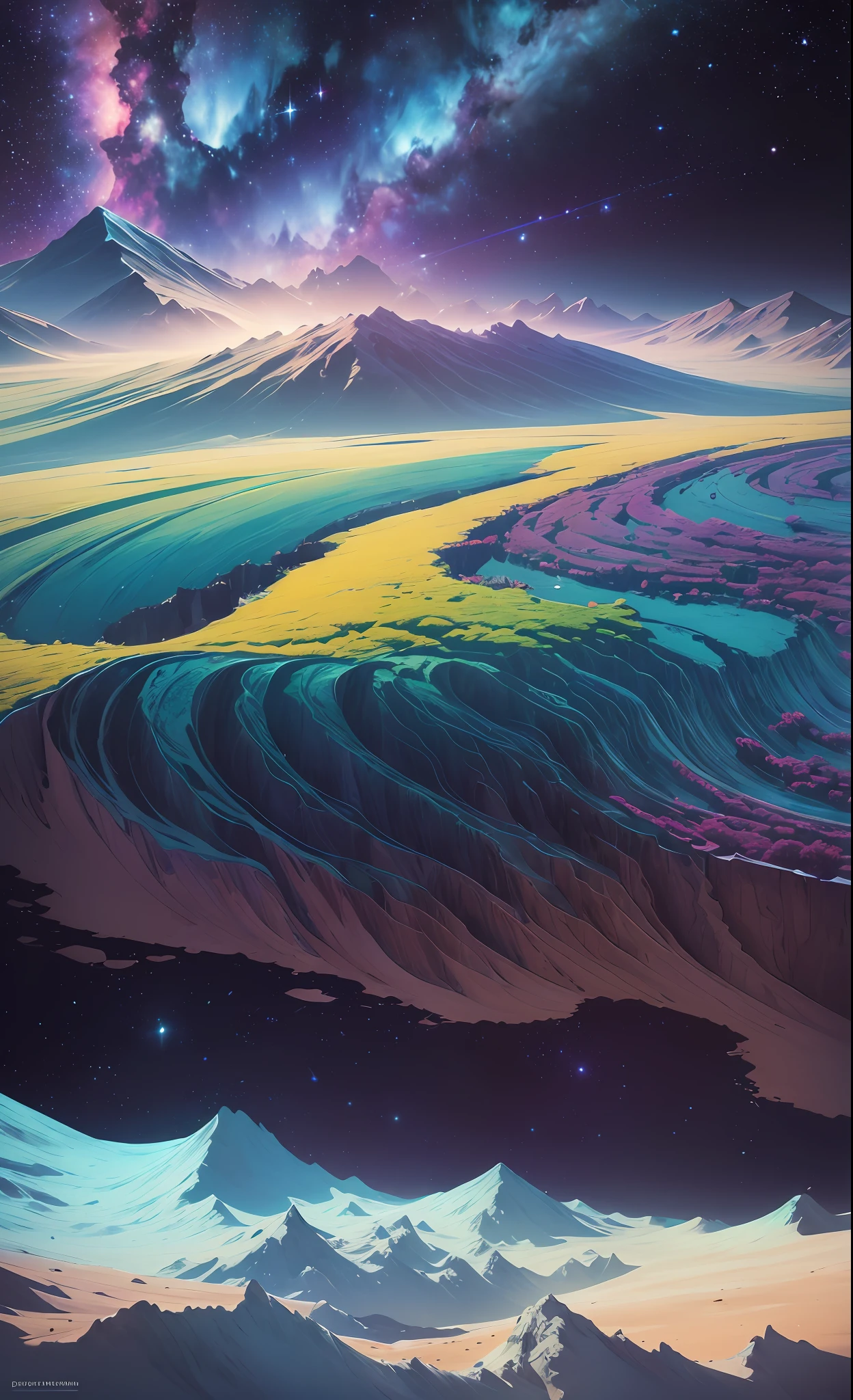 (a realistic cosmic landscape), (expansive view of the cosmos), (starry sky with a multitude of twinkling stars), (interstellar clouds and nebulae), (lush and natural plant life), (meticulously detailed foliage), (captivating astronomical formations), (crisp and vivid colors), (authentic and natural lighting), (impressive depth and realism), (absence of human-made structures), (serene and untouched atmosphere), (photorealistic quality), (no human presence), ultra realistic --auto --s2