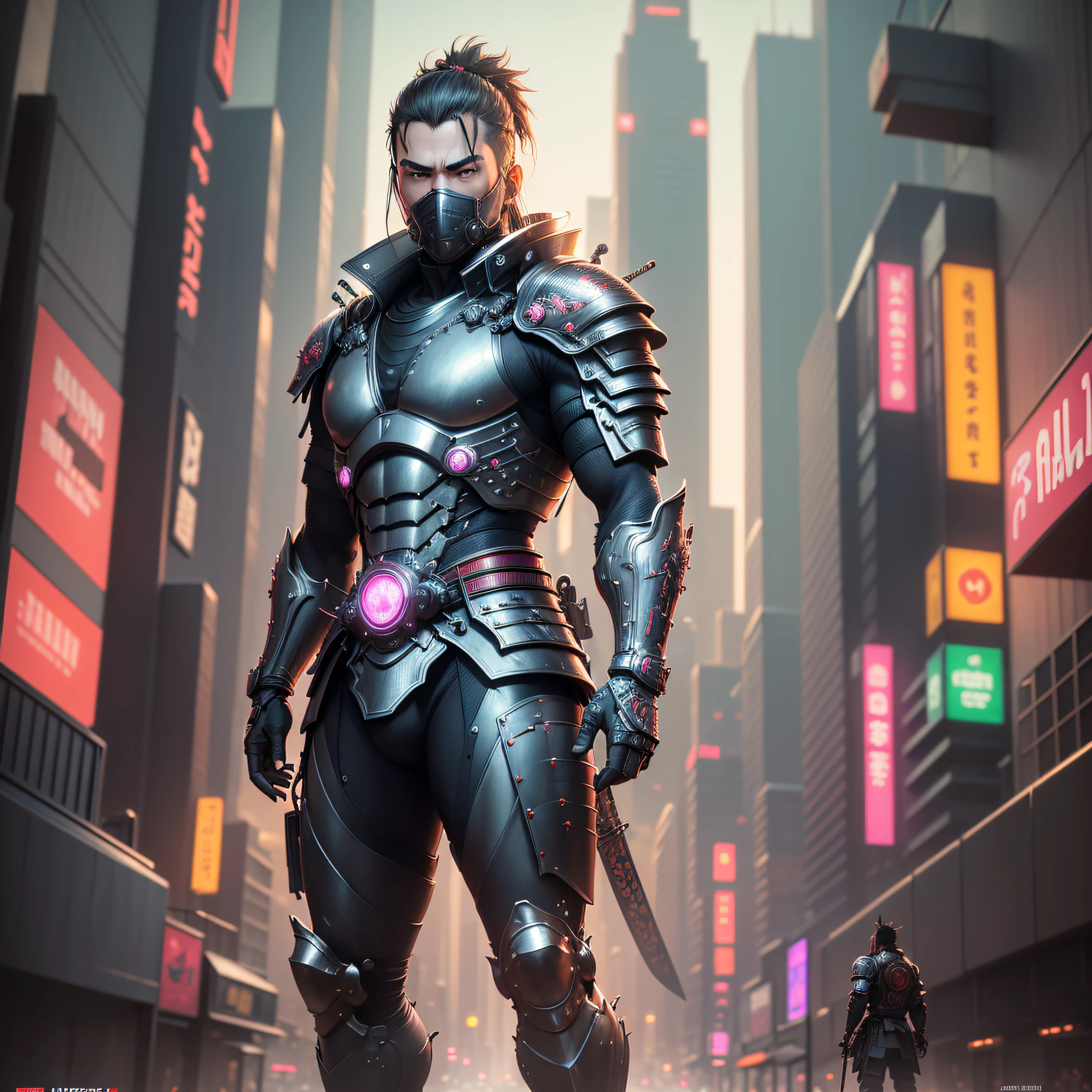 ((masterpiece))), (((best quality))), ((ultra-detailed)), (hyper-realistic), (highly detailed CG illustration), cinematic light, photorealistic, samurai man, full armor, full body photo standing, futuristic city, cyberpunk style, futuristic samurai style armor, city in the background, city at night, neon signs in the background, cyberpunk style --auto --s2
