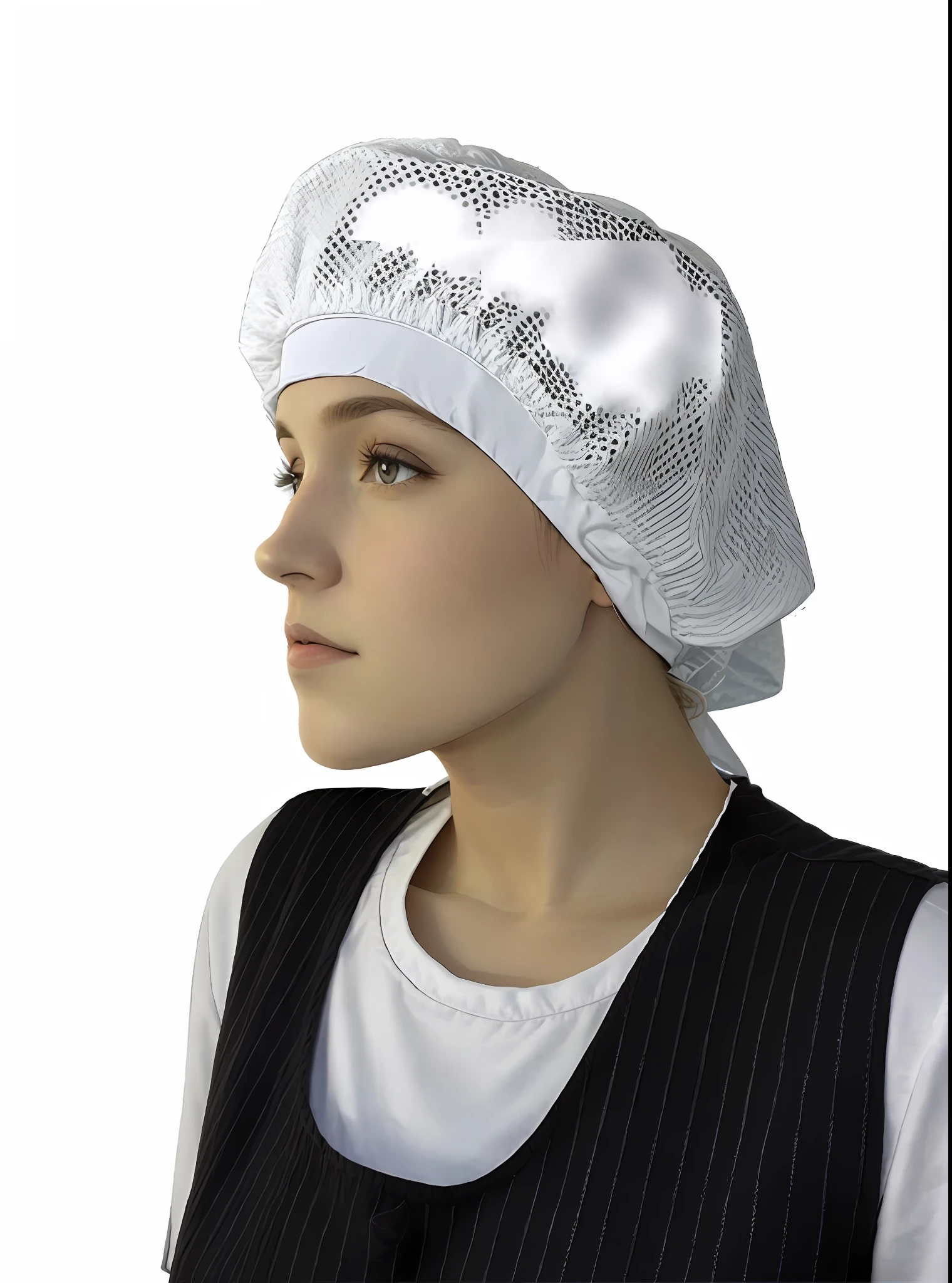 A closeup of a woman's head wearing a white cap, full body view. white plastic, shower cap, knitted headdress, wearing a white bathing cap, wearing white chef's hat, head covered, chef's hat, white transparent veil, full head, with rap cap on head, wearing white silk hoodie, berets, round hood, hats, side profile view, beautiful eyes