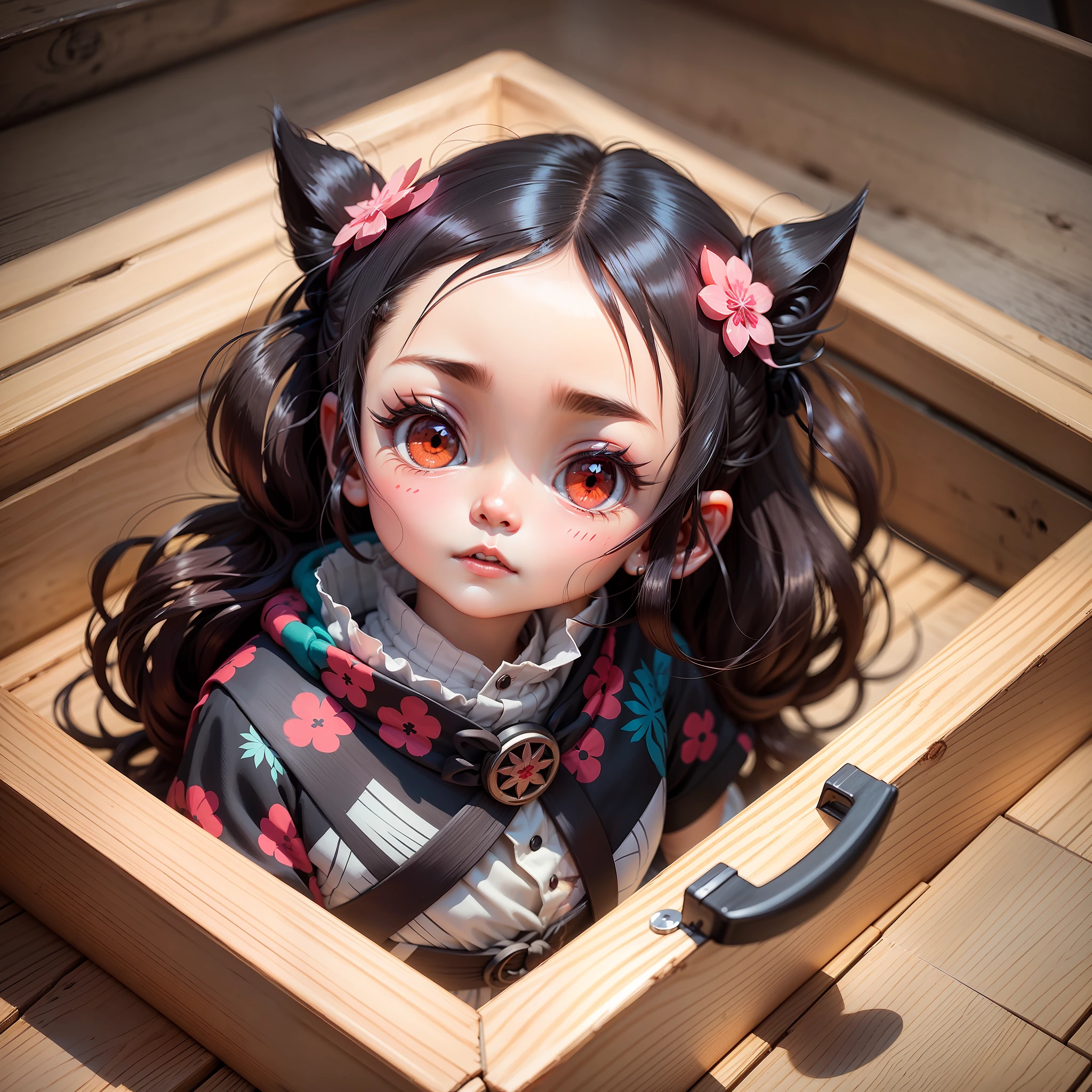 nezuko, demon slayer, in wooden box, nezuko small, cute, high quality, details --auto --s2