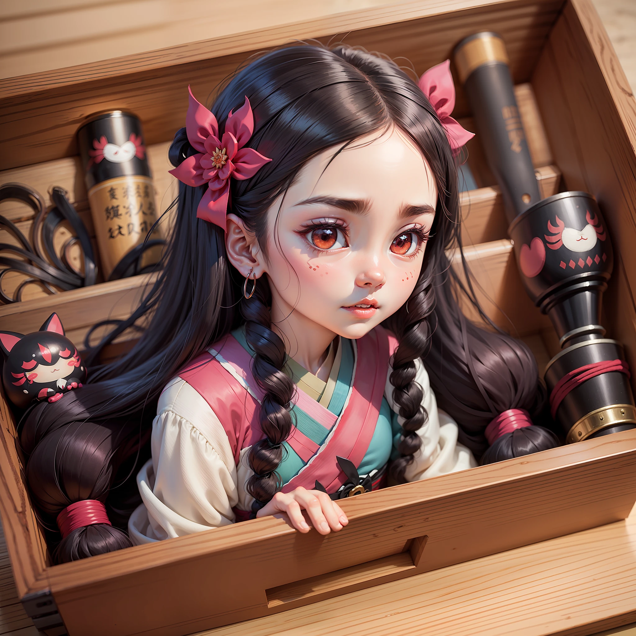 nezuko, demon slayer, in wooden box, nezuko small, cute, high quality, details --auto --s2
