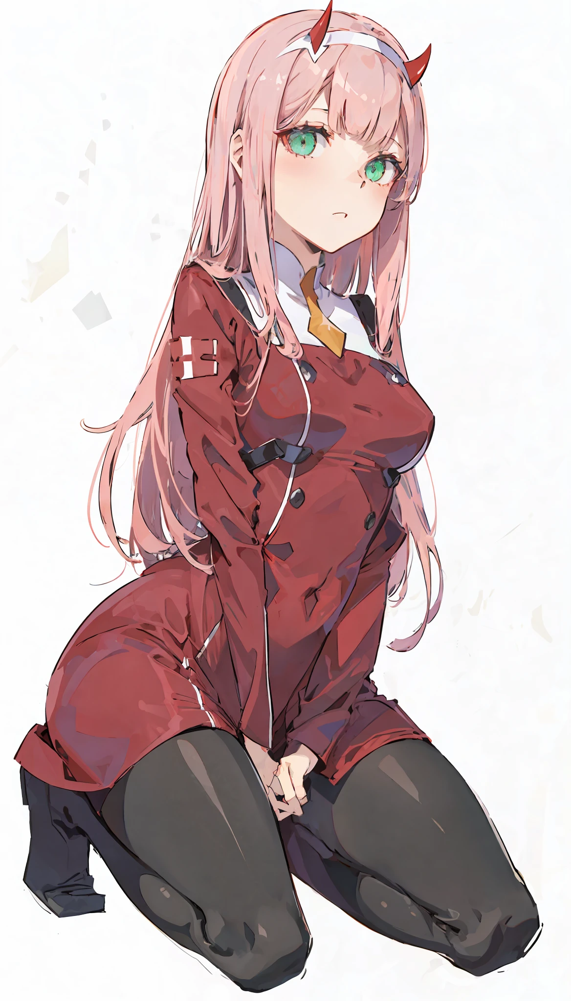 zero two \(darling on franxx\), darling on franxx, 1girl, bangs, bite, from behind, shadow, green eyes, horns, long hair, looking at the viewer, small breasts, makeup, red bodysuit, Pantyhose, big thighs, long boots, pink hair, red eyeshadow, tight skin, solo