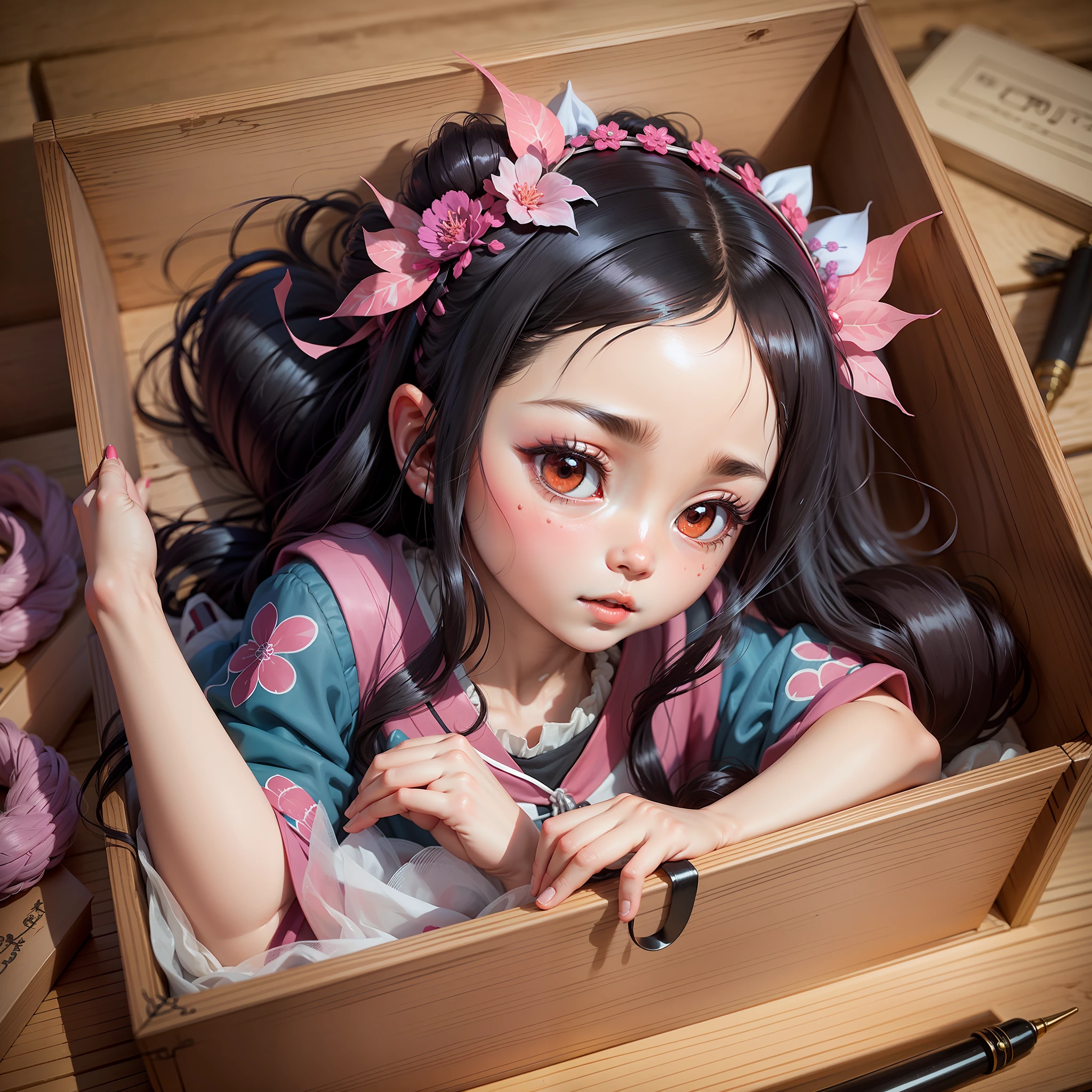 nezuko, demon slayer, in wooden box, nezuko small, cute, high quality, details --auto --s2