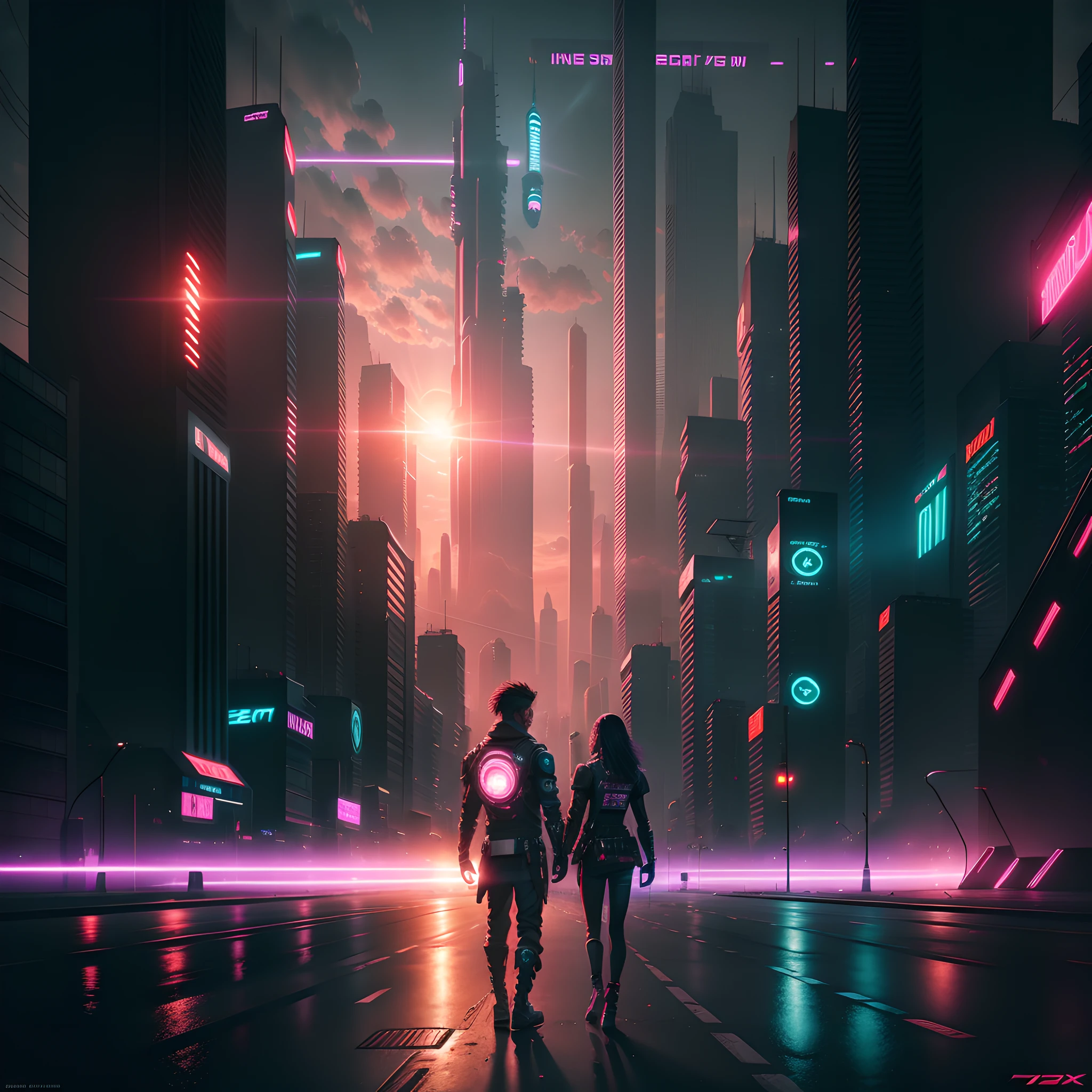 One day, in a futuristic city with an eye-catching cyberpunk vibe that looks epic at sunset. The sun spreads its warm light as the street lights slowly come on. --auto --s2