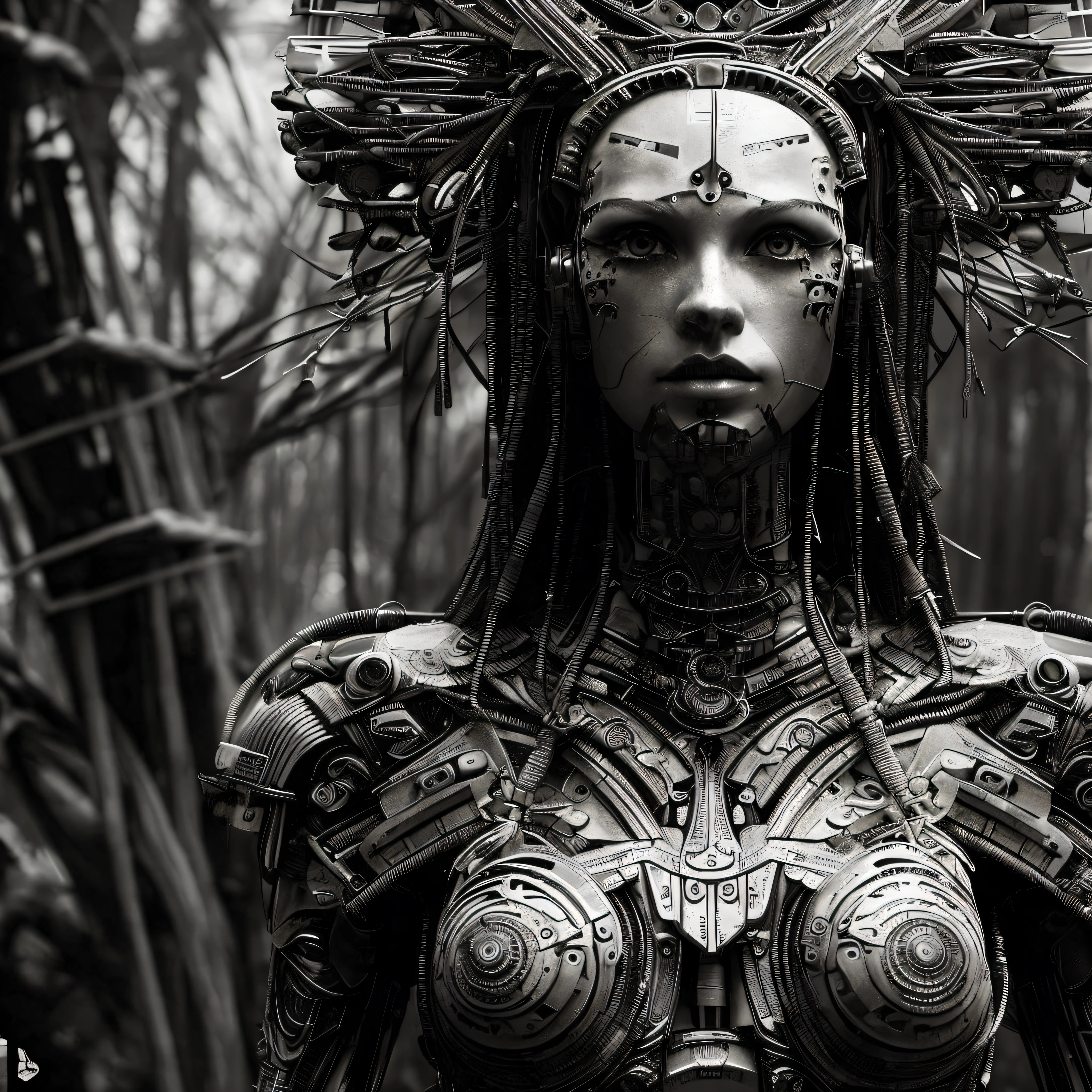 A closeup of a woman with a very large head piece, metallic headdress on her head, Cyberpunk Robotic Elvish Queen, Portrait of a Cyborg Queen, Intricate Cyborg, Translucent. biomechanical cyborg, cyborg woman, cyborg - girl, cyborg girl, detailed portrait of a cyborg, portrait of a cyberpunk machine, female android sci-fi, female sci-fi, background tribe in the forest, blurred background, professional photography by sebastião salgado