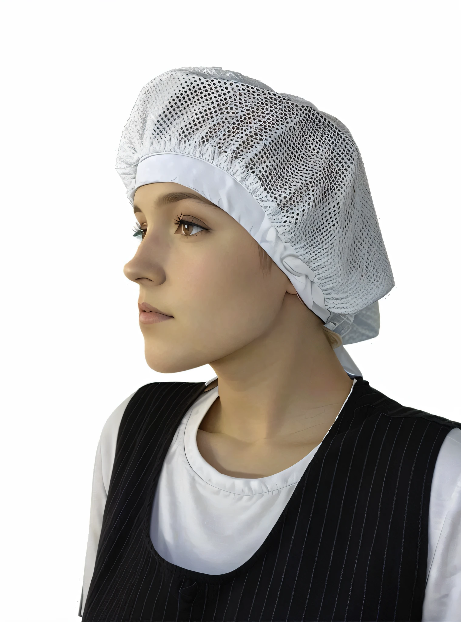 A closeup of a woman's head wearing a white cap, full body view. white plastic, shower cap, knitted headdress, wearing a white bathing cap, wearing white chef's hat, head covered, chef's hat, white transparent veil, full head, with rap cap on head, wearing white silk hoodie, berets, round hood, hats, side profile view, beautiful eyes