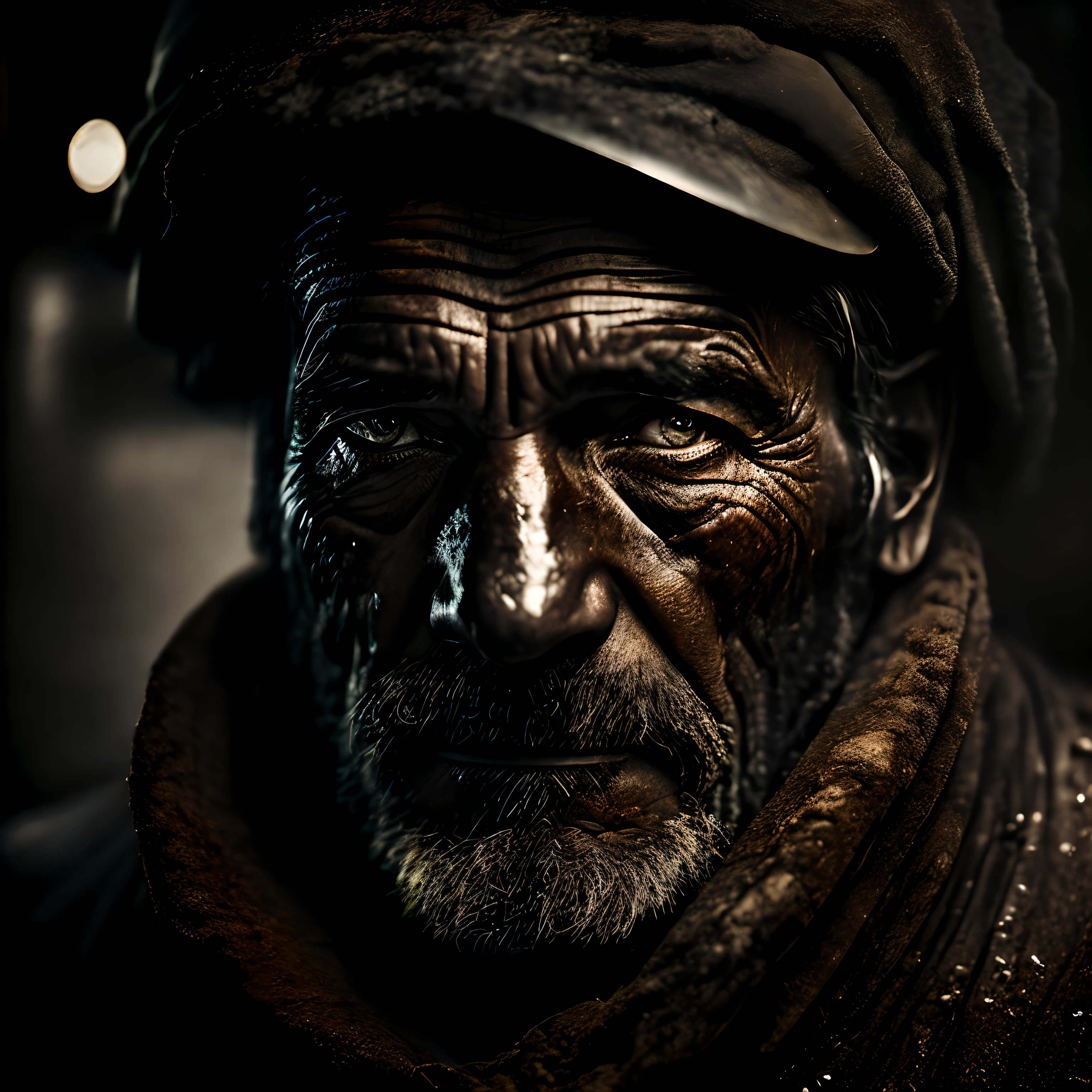 macro crisp quality, wet plate photograph close up of black factory worker in Victorian era boiler room, rough skin, sad eyes, sparkles, age 64, coal dust in the air, unreal engine, UE5, cinematic, very detailed, sony A7iii, 85mm prime, f/1.8, octane render + hyper realistic, Photograph