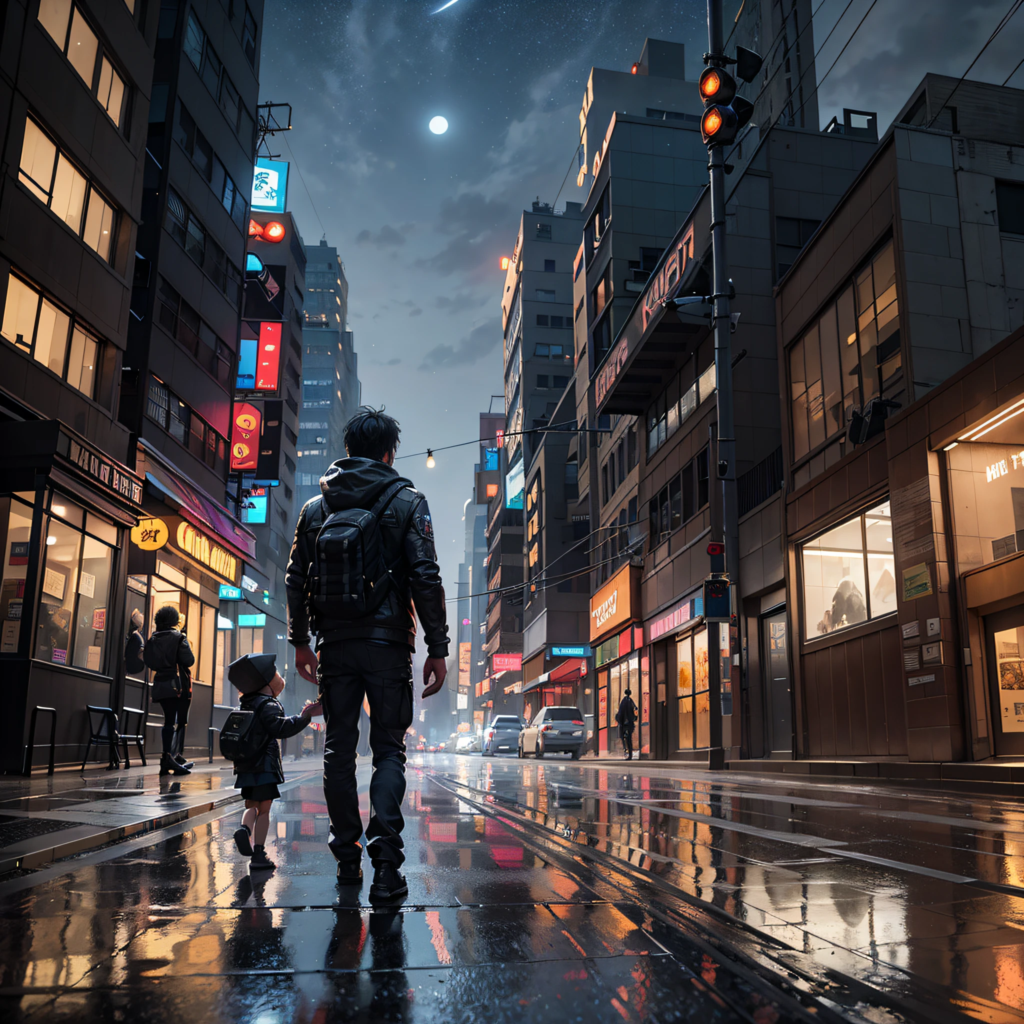 A child walking through a city, art by greg rutkowski, highly detailed digital art, volumetric lighting, extreme detail, unreal engine 5, artistic station front page, urban, street art, city, modern, new york city, Gotham, rain, reflective in a beautiful night of stars a moon in the background