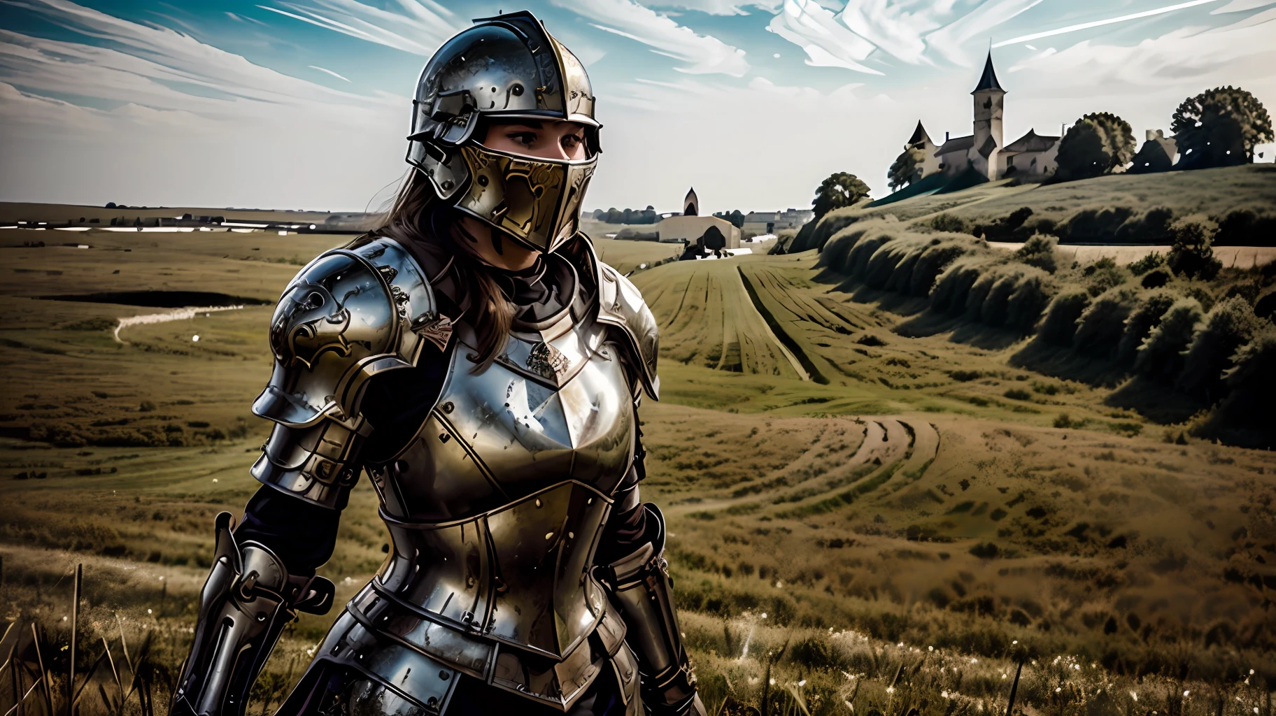 Masterpiece, best quality, baroque, realistic, 1girl, white medieval armor, upper body, looking at the viewer, open field, battlefield, catapult