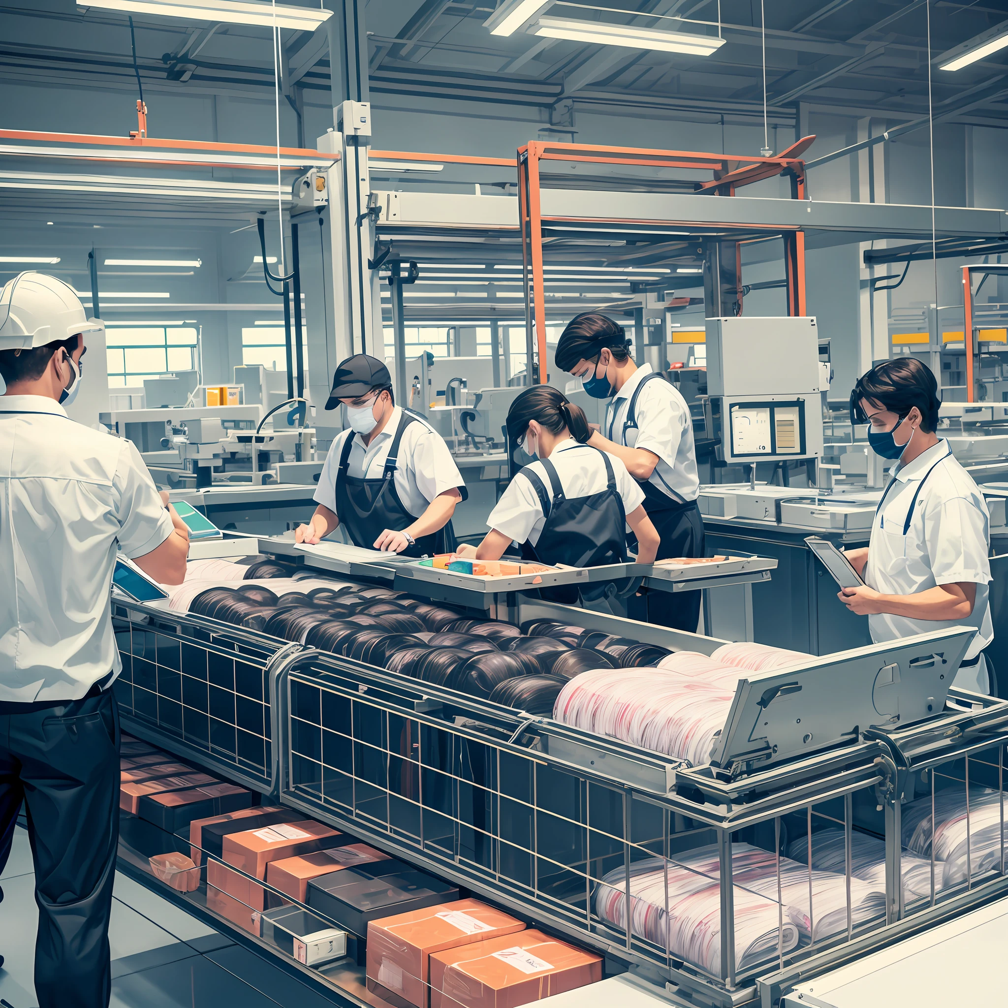 Create realistic and realistic images depicting strict quality control in inspection work. This image depicts the line work being done in a small acrylic plate factory. The inside of the factory is clean, but the space is limited and the facilities are not yet fully equipped. The worker consists of several people, mixed gender, but it should be clearly indicated that there are more men. Show that they are looking at each product with a serious expression and checking it carefully. Make it clear that workers are wearing white uniforms.
In the background, depict a series of manufacturing processes taking place in-house, from printing to packaging. It should be visually visible that a small number of machines of the Mimaki and Trotec brands are installed on the production line.
Through this image, you can feel the attitude of the company to put customer satisfaction and trust first and have a consistent manufacturing process internally to prevent quality issues due to external factors, in a limited resource. Design and structure so that employees don't compromise on product quality and feel that they are constantly working to improve and improve. --auto --s2