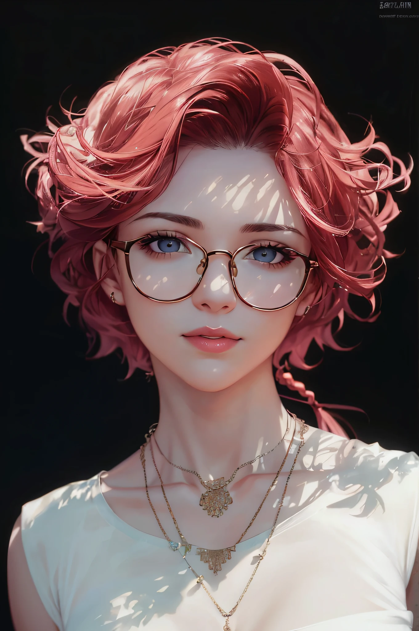 Detailed portrait of a beautiful young woman with half-rim glasses, (raw photo:1.2, masterpiece, superb, 8k resolution, best quality, finely detail, photorealistic: 1.2), ((perfect female body)) , Delicate face, smooth wine red short hair, detailed black eyes, red delicate thin lips, calm, light smile, (delicate high-detailed face: 1.2, high-detailed skin: 1.3, glossy skin: 0.8), sexy Yes, slim body, clavicle, bare shoulders, small breasts, cleavage, (nipple:1.2), (sleeveless round neck white T-shirt, see-through clothes), fashionable gold-rimmed glasses, (necklace:1.6), frontal face, Looking at the camera, portraits, realistic light, realistic shadows, film lighting, parks, trails, flowers, kiosks