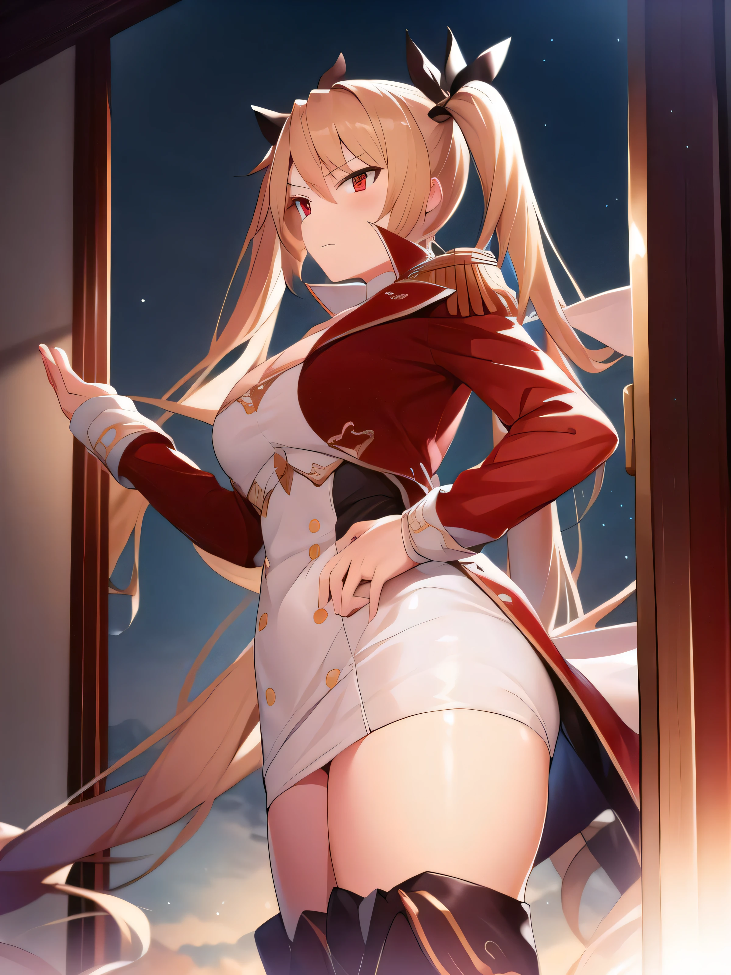 (hyper extreme detailed),(masterpeace),(hyper extreme),(photorealistic),CG,(colour:1.1), beautiful lighting,light from the front,solo,1girl,
 nelson,blonde hair, twintails, red eyes, white dress, red jacket,short dress, thigh_boots,